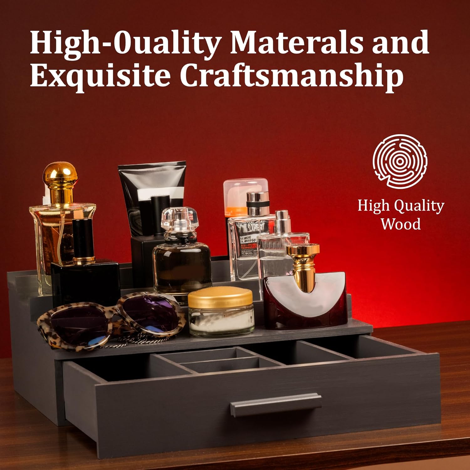 Cologne Organizer for Men，4 Tier Wood Perfume Display Stand with Velvet Lining Drawer and Hidden Compartment ，Perfume Organizer for Men，Great Gift for Man (Gray)