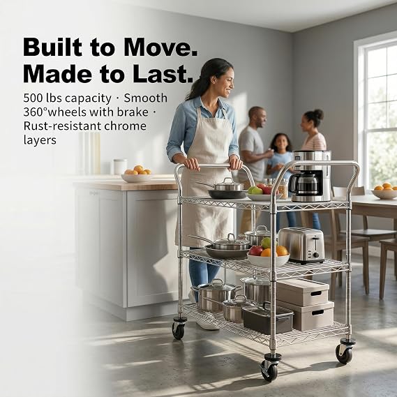 Finnhomy 3-Tier Commercial Grade Rolling Cart, Heavy Duty Utility Cart with Wheels and Handles, Metal Kitchen Carts on Wheels with 500 lbs Capacity, Shelf Size 20 D x 36 W, NSF