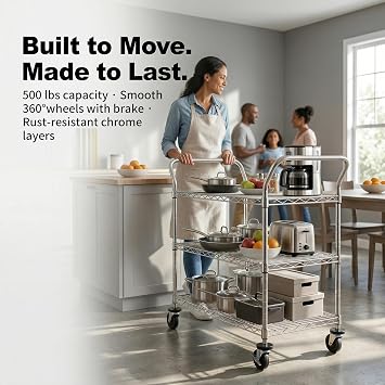 Finnhomy 3-Tier Commercial Grade Rolling Cart, Heavy Duty Utility Cart with Wheels and Handles, Metal Kitchen Carts on Wheels with 500 lbs Capacity, Shelf Size 20 D x 36 W, NSF