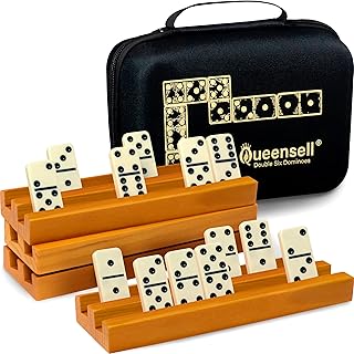 Queensell Dominos Set for Adults with 4 Domino Racks - Double 6 Dominoes Set with Domino Holder, Classic Board Games for Kids and Adults - Double Six Standard Dominos Set 28 Tiles with Travel Case