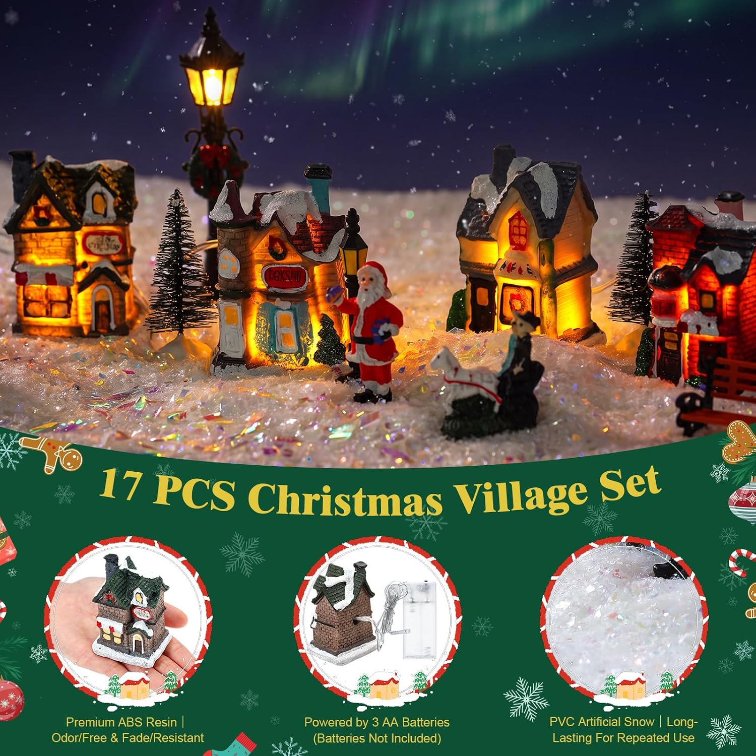 Queekay 17 Pcs Christmas Village Houses Lighted Set,Town Street Storefront