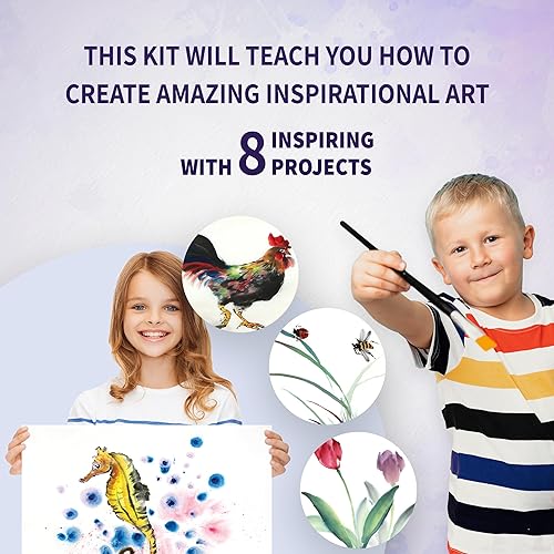 Miniatura 4 de SpiceBox Kit de arte de pintura de pincel chino para niños, juego de bricolaje para niños, incluye tubos de acuarela, libro, pinceles, piedra de