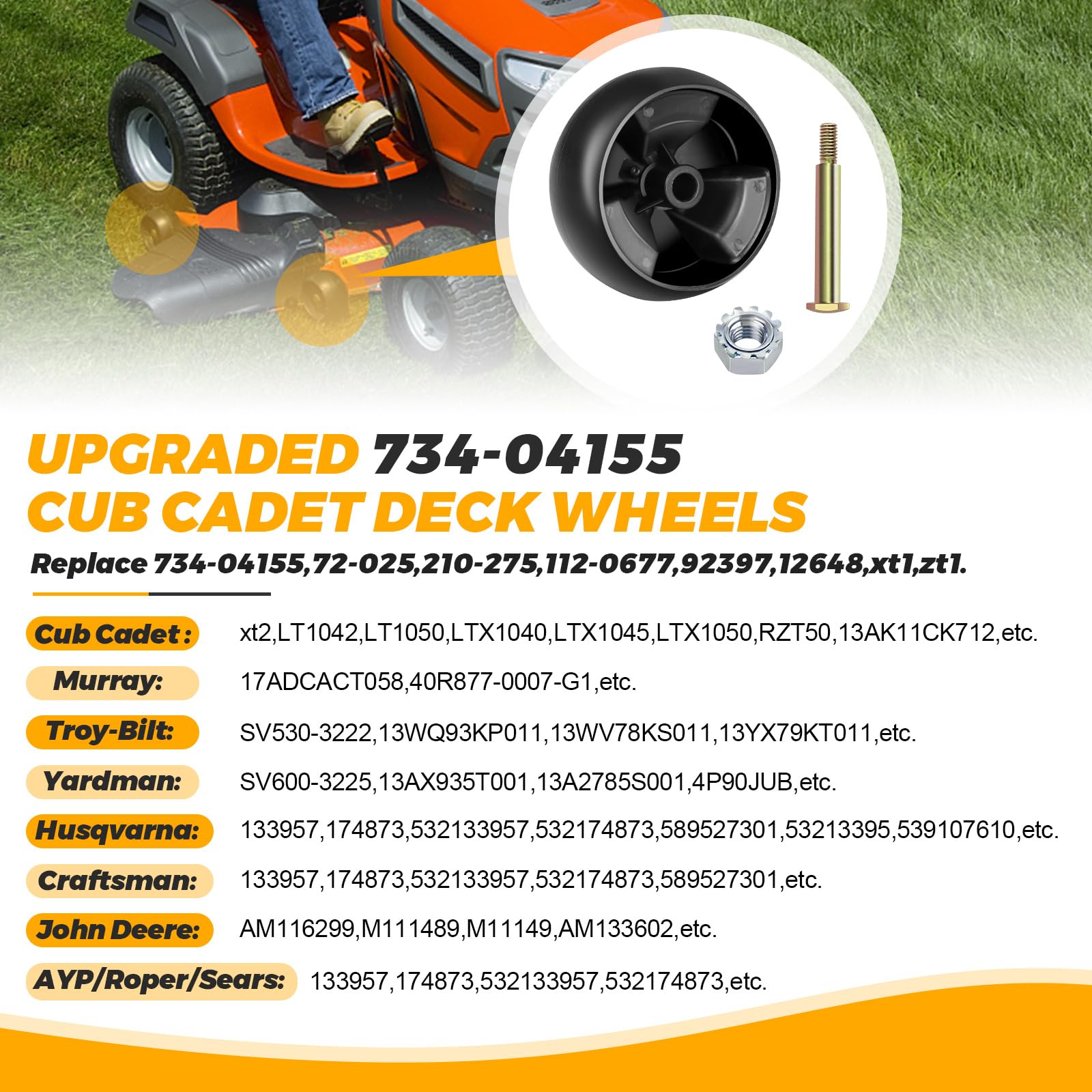 Ruedas de cubierta 734-04155 mejoradas para cortacésped MTD, Cub Cadet de Techecook – Sustituye a Toro 112-0677 72-025 210-275, Troy Bilt 938-3056 Rueda de cubierta de 5 pulgadas con pernos y tuercas,
