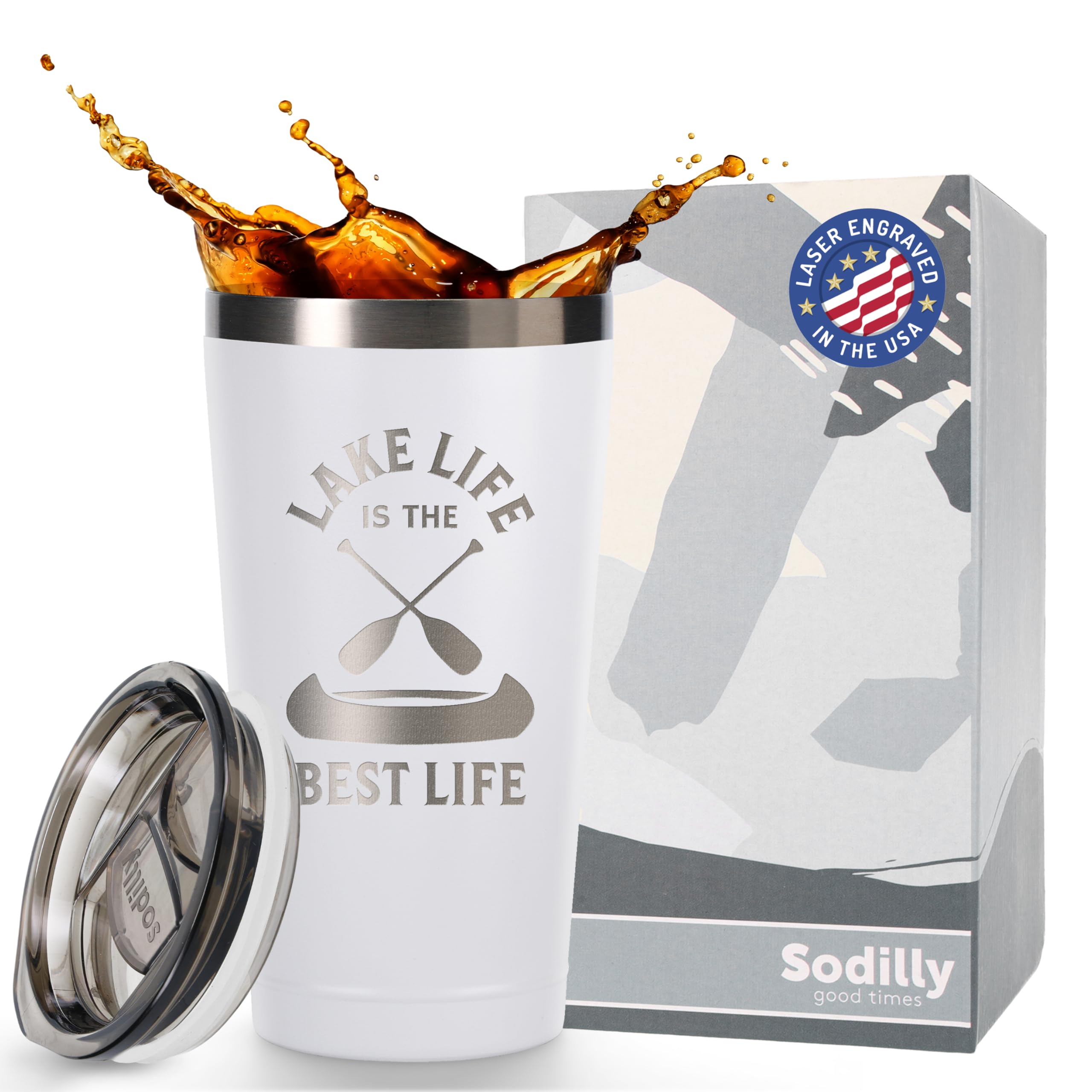 SodillySummer Gifts for Men Women - Lake Life, 16 oz White Tumbler - Cool Gifts for Him Her - Fun Coffee Mug Cup Funny Tumbler with Lid