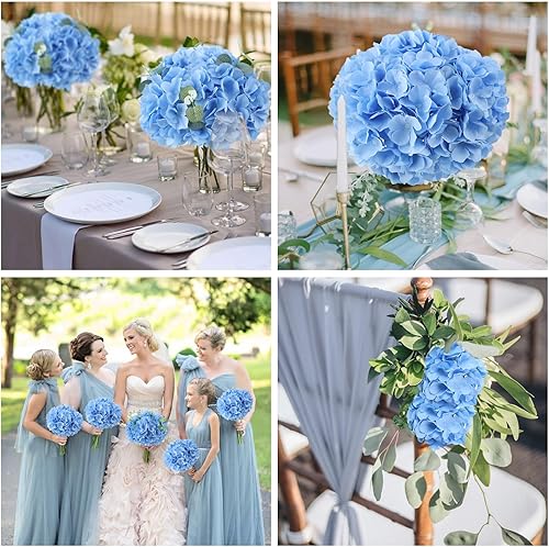 Miniatura 6 de AVIVIHO 60 PCS Flores Artificiales de Hortensias Azules a Granel Flores de Seda Falsas de Hortensias con Tallos para Bodas Fiestas Hogar Centros de