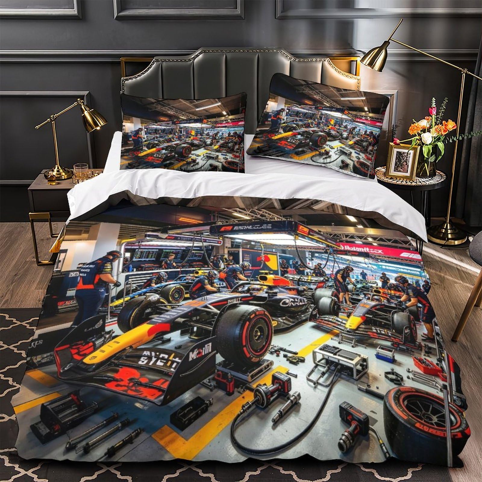 DAFUfbw Formulaa Racing Bedding Set Double（200x200cm）,Pit Stop Duvet Cover Set with Pillowcases, Soft Microfiber 3D Pit Stop Printing Quilt Cover Set