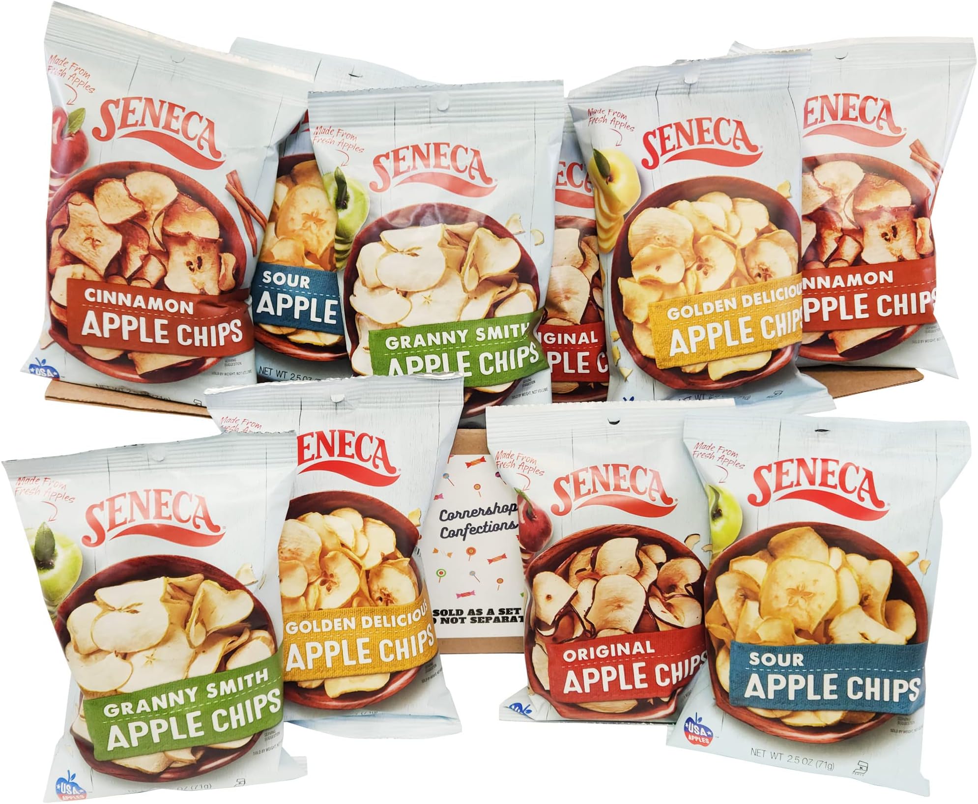 Seneca Apple Chips 5 Flavor Bulk Variety Pack - 10 2.5 oz Bags - 2 Bags of 5 Different Flavors - Golden Delicious, Granny Smith, Sour, Cinnamon, Original - In Cornershop Confections Protective Box