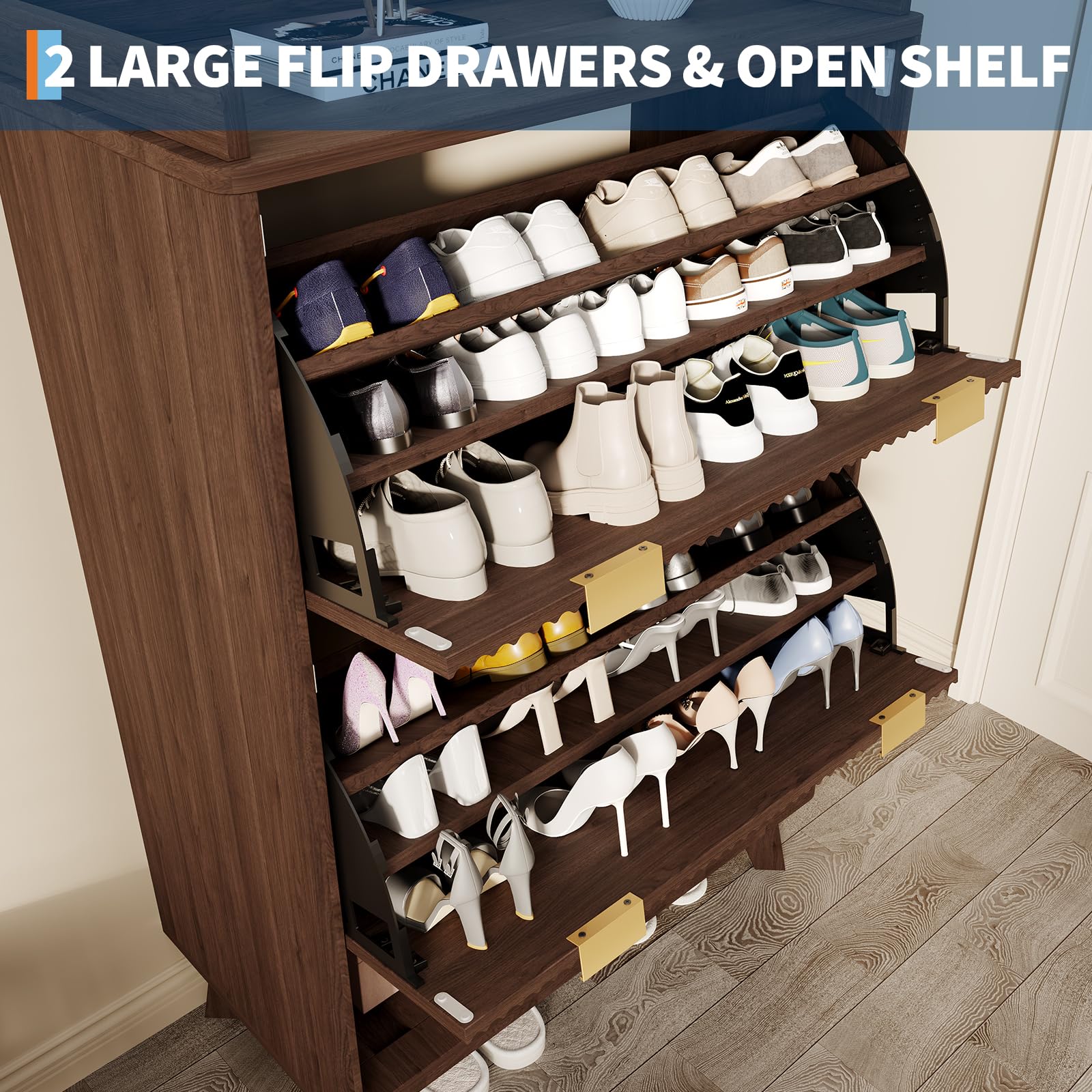 Schmaler Schuhschrank für Flur & Diele, 122 cm hoch – 2 Klappfächer mit verstellbaren Einlegeböden, offenes Bodenfach, abgerundete Rillenfront, freistehend – Schwarz-Nussbaum