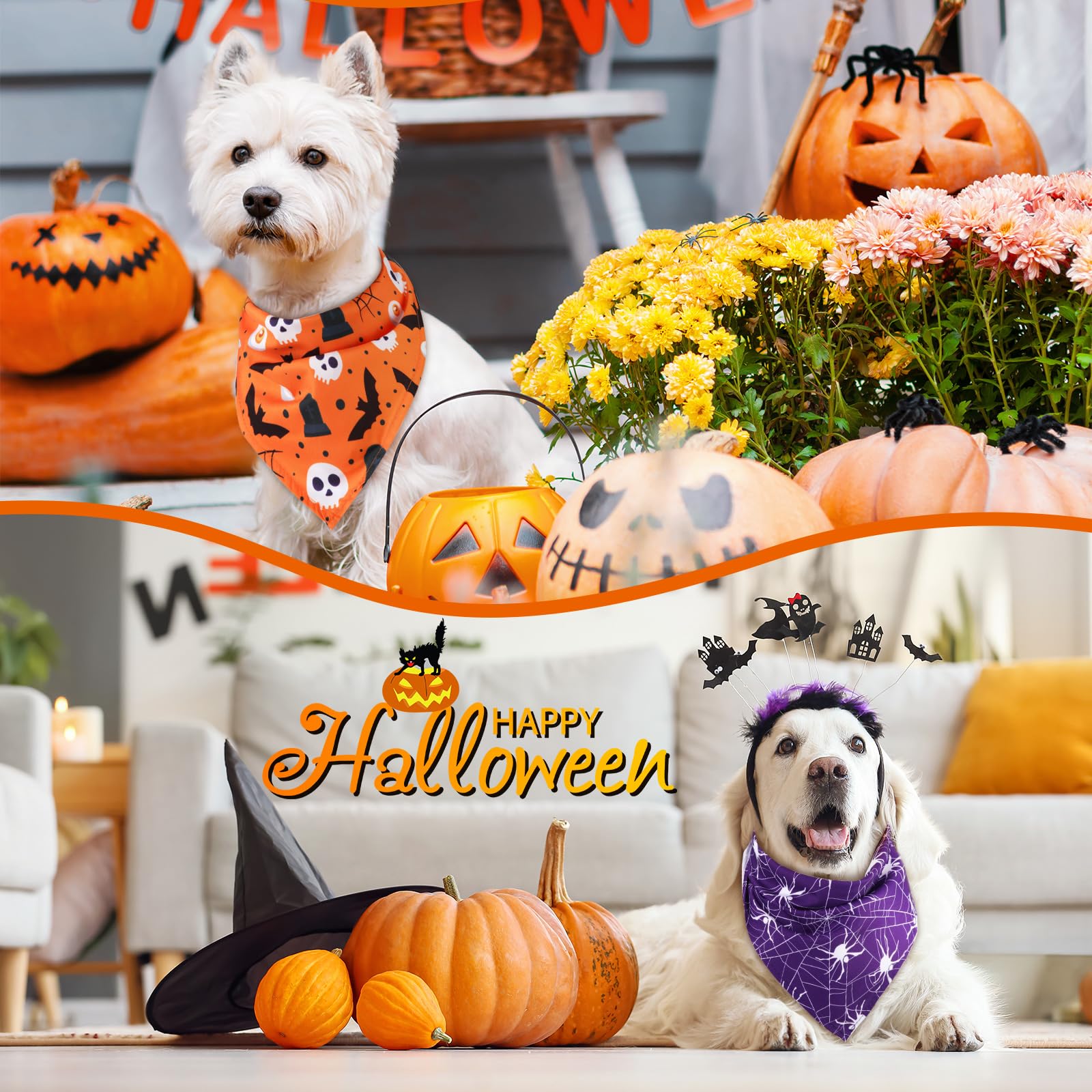 Silkfly Lot de 50 bandanas d'Halloween pour chien en vrac pour chiens, bavoirs triangulaires pour chien, bandanas pour chien avec motif citrouille et araignée, écharpe pour animal domestique pour