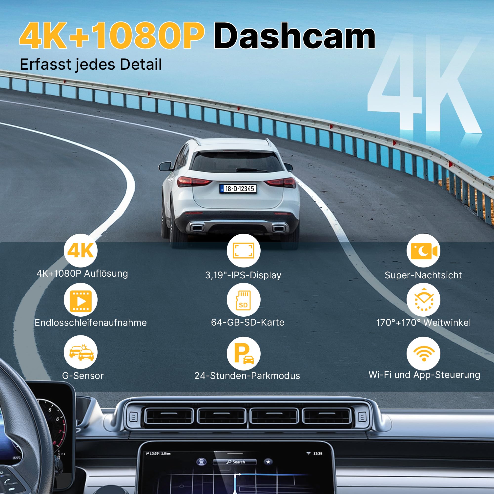 Dashcam Voiture Avant Arrière 4K+2K, Caméra Embarquée Voiture avec Carte SD 64Go Gratuite, Capteur G, WiFi App, Super Vision Nocturne, Mode Parking 24H, Enregistrement en Boucle Dashcam