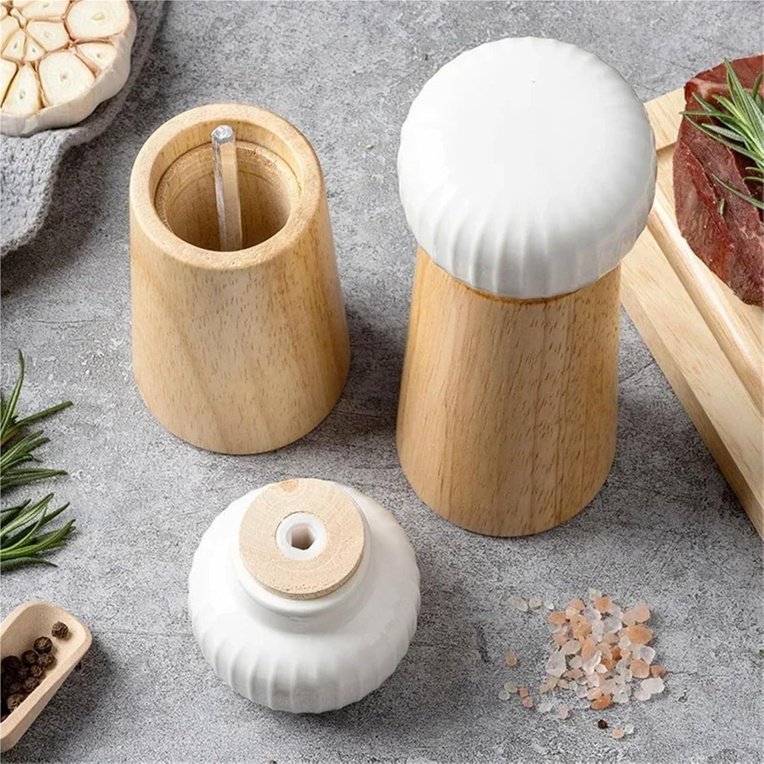 Wooden Manual Salt and Pepper Grinder, Refillable Spice Mill with Adjustable Ceramic Core(Large White)