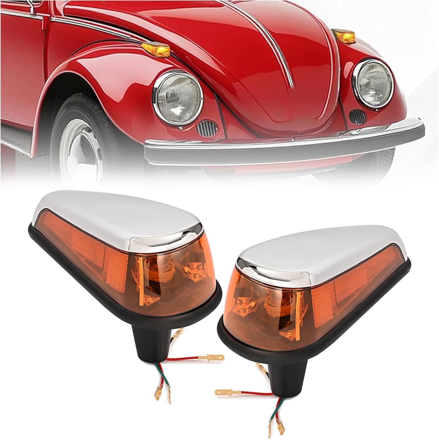 HECASA Pair Turn Signal Light Assembly Compatible with 1970-1979 VW BUG Volkswagen Super Beetle Thing Front Fender Bumper Corner Lamp LH&RH Amber Lens w/Bulb Replacement for 113953042N 113953041N