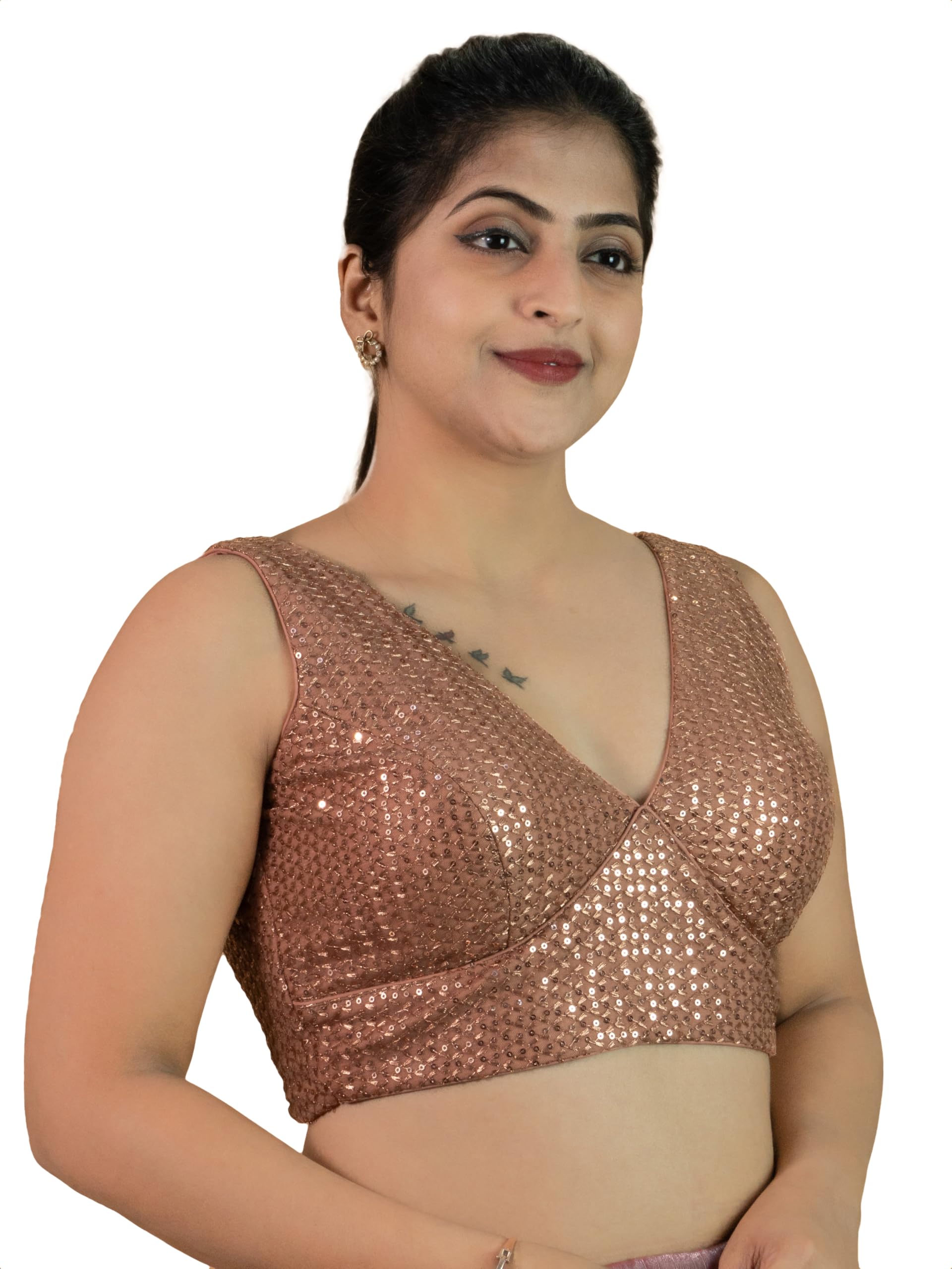 figure's designer Women's Sequin Embroidered Premium Net Fabric Sleeveless V Neck Sabyasachi Cut Readymade Saree Blouse Padded Stitched Lining Festive Gold Silver Black Copper | E20-picture-51
