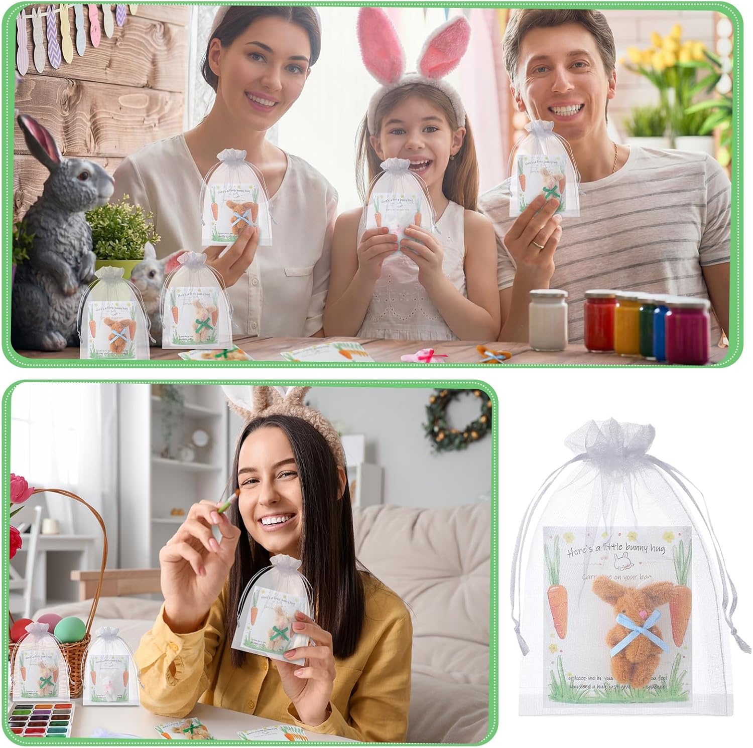 Simgoing 36 Pcs/12 Set Easter Bunny Pocket Hug Gift for Kids 2.4 Inch Mini Plush Rabbit with Positive Card and Organza Bag Soft Small Bunny Stuffed Animal for Easter Basket Stuffing Favors