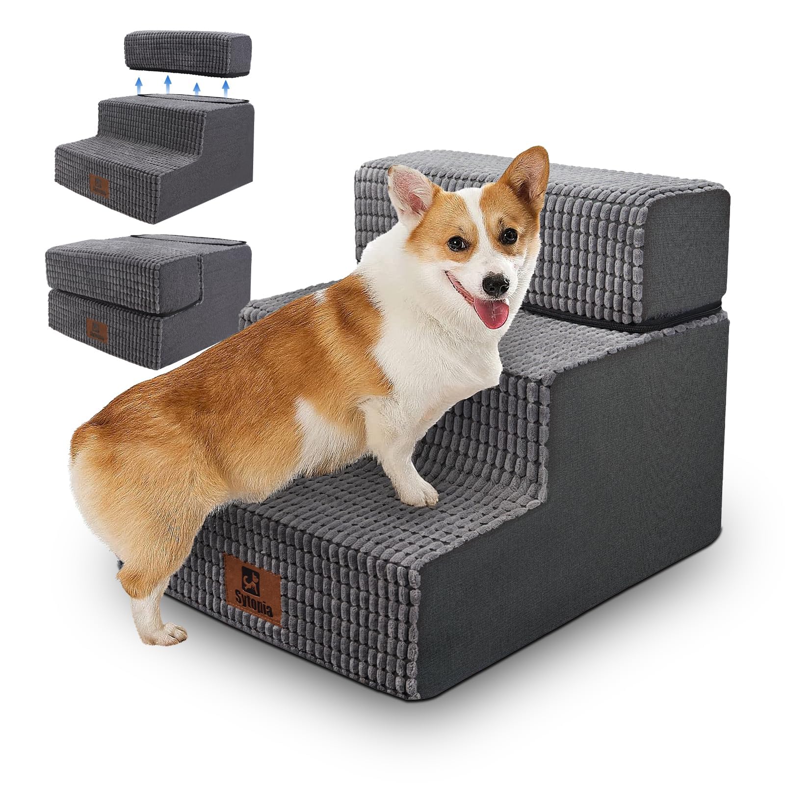 Sytopia Hundetreppe 3 Stufen, 34 cm hoch, Katzentreppe für Bett und Sofa, bis 30 kg, Haustiertreppe für kleine Hunde und Katzen, 30D Schaumstoff, rutschfest, waschbarer Cordbezug, Grau