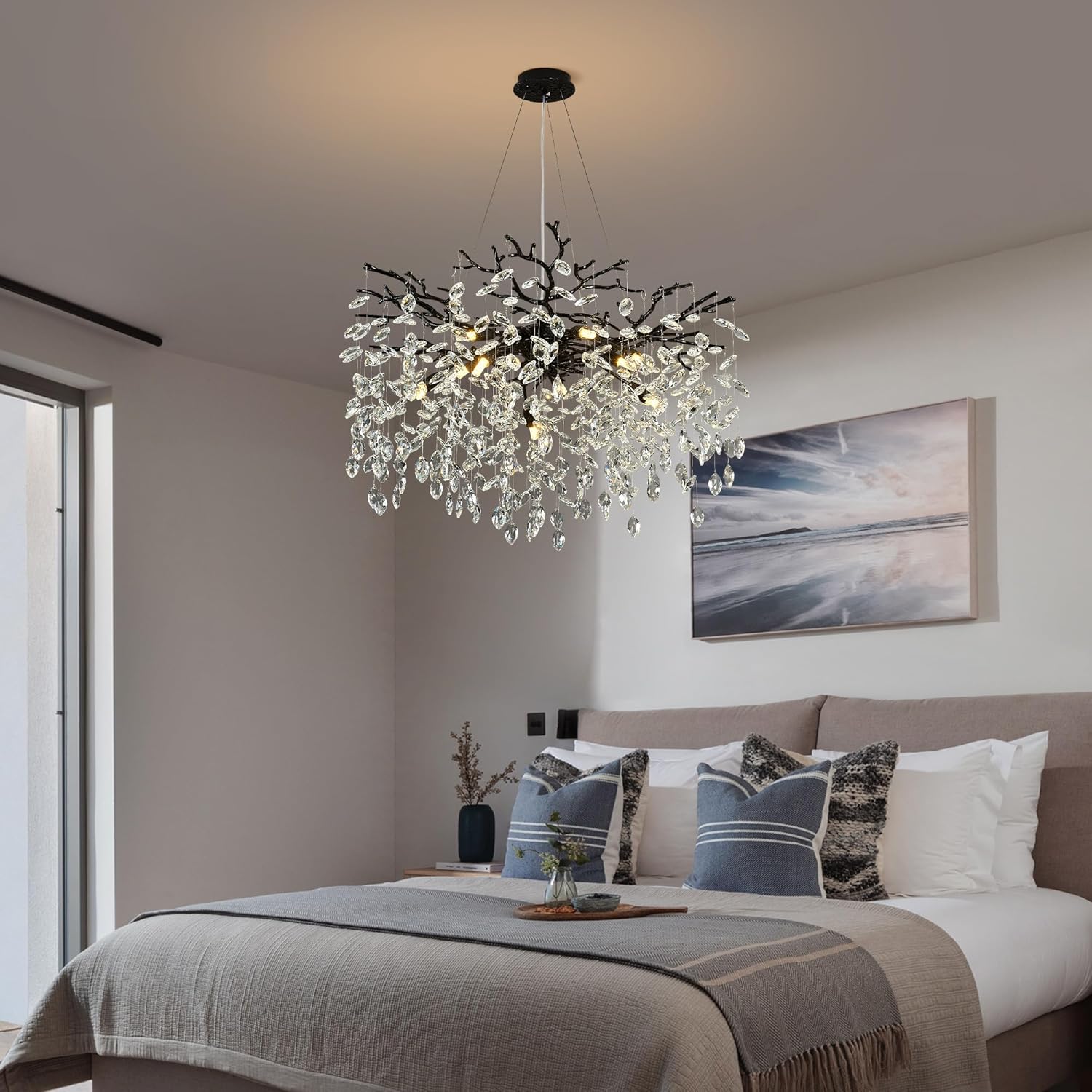 Modern Tree Branch Chandelier 23.6" Crystal Chandelier for Dining Room Black 8-Light K9 Crystals Chandeliers Luxury Ceiling Hanging for Living Room Bedroom Kitchen Island Foyer
