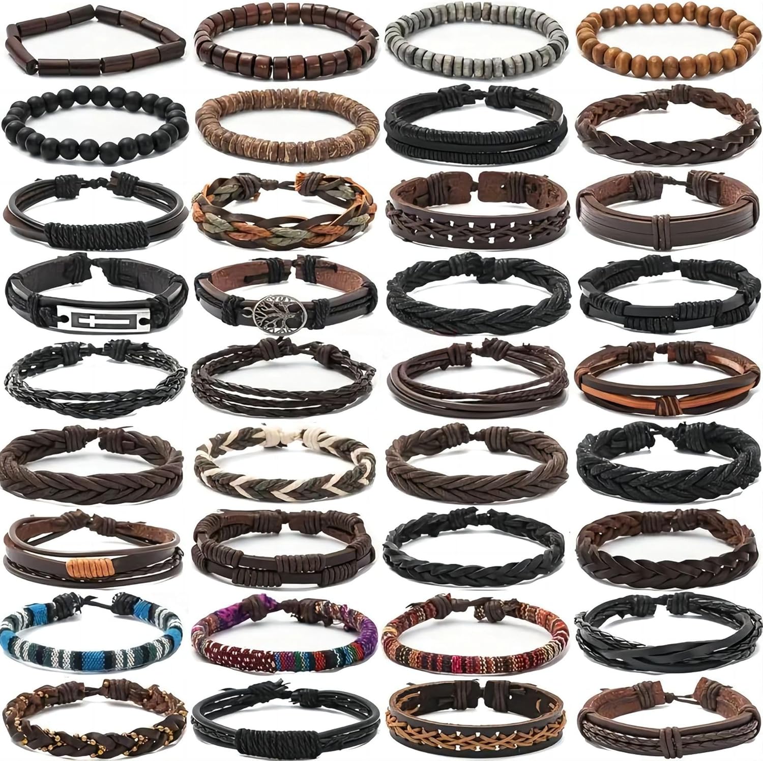 SROBENZ 36PCS Adjustable Braided Leather Wrap Bracelets for Men Women - Wood Beads Hemp Cord Ethnic Tribal Cuff Set