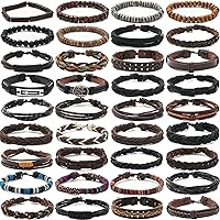 SROBENZ 36PCS Adjustable Braided Leather Wrap Bracelets for Men Women - Wood Beads Hemp Cord Ethnic Tribal Cuff Set