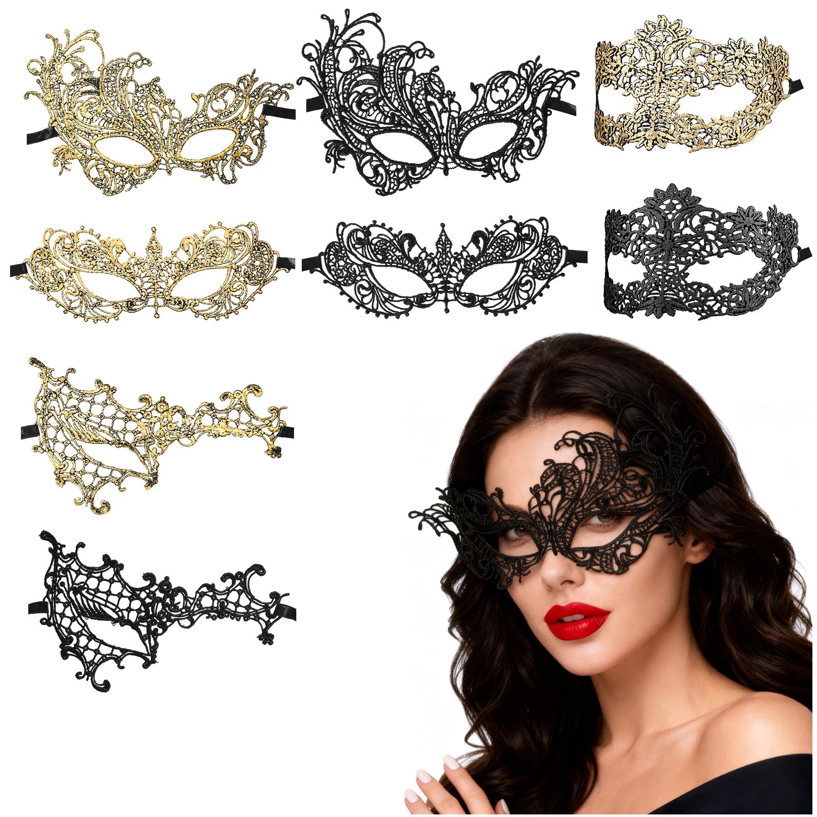 Nymora Masquerade Masks for Women, 8-Pack Venetian Masks, Sexy Black Lace Half Face Masks for Carnival Costume Party Cosplay Halloween Mardi Gras