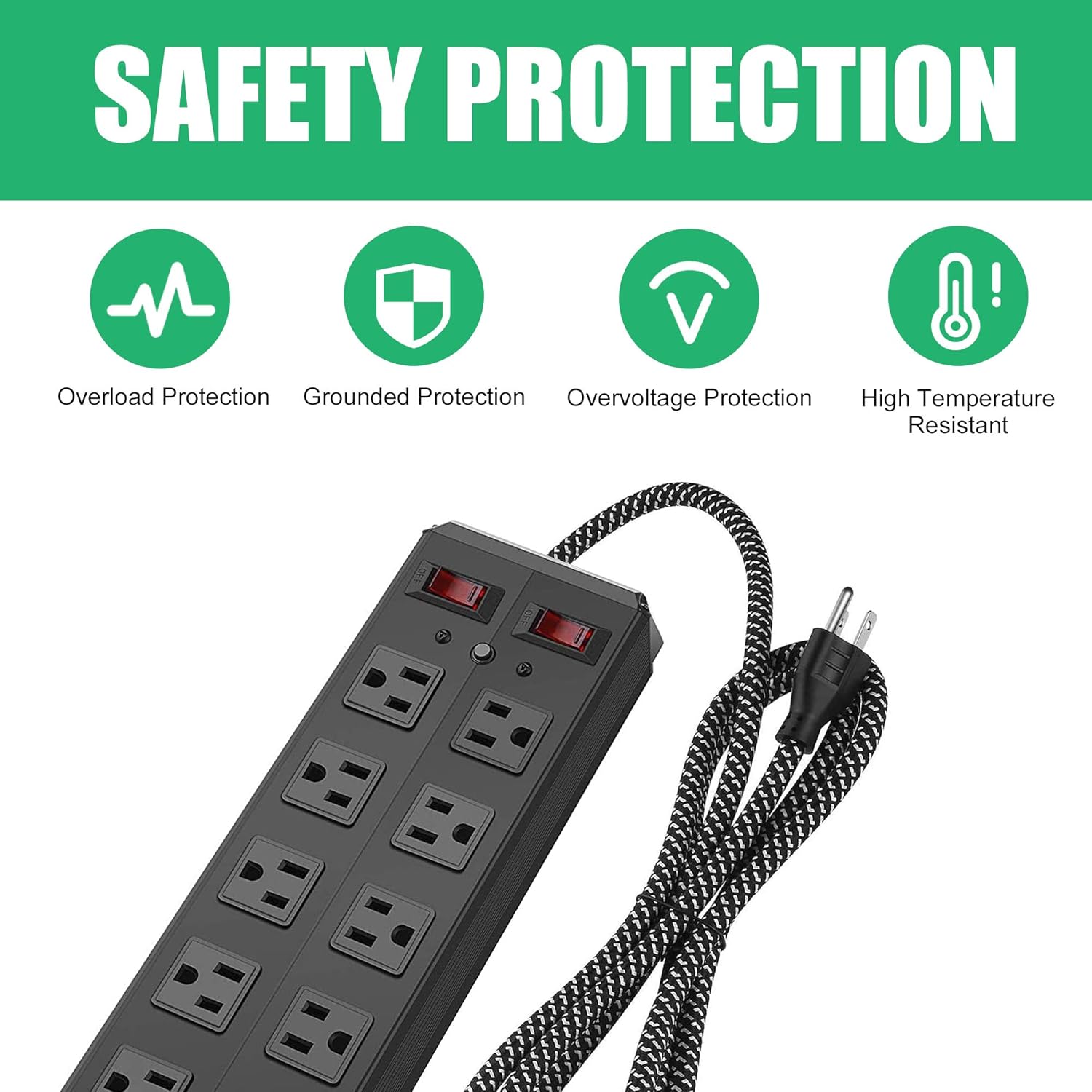 Heavy Duty Metal Surge Protector Power Strip with Mounting Brackets,6 Feet Long Extension Cord 300 Joule Overload Protection for Home,Office,Hotel (1, 10 outlets)