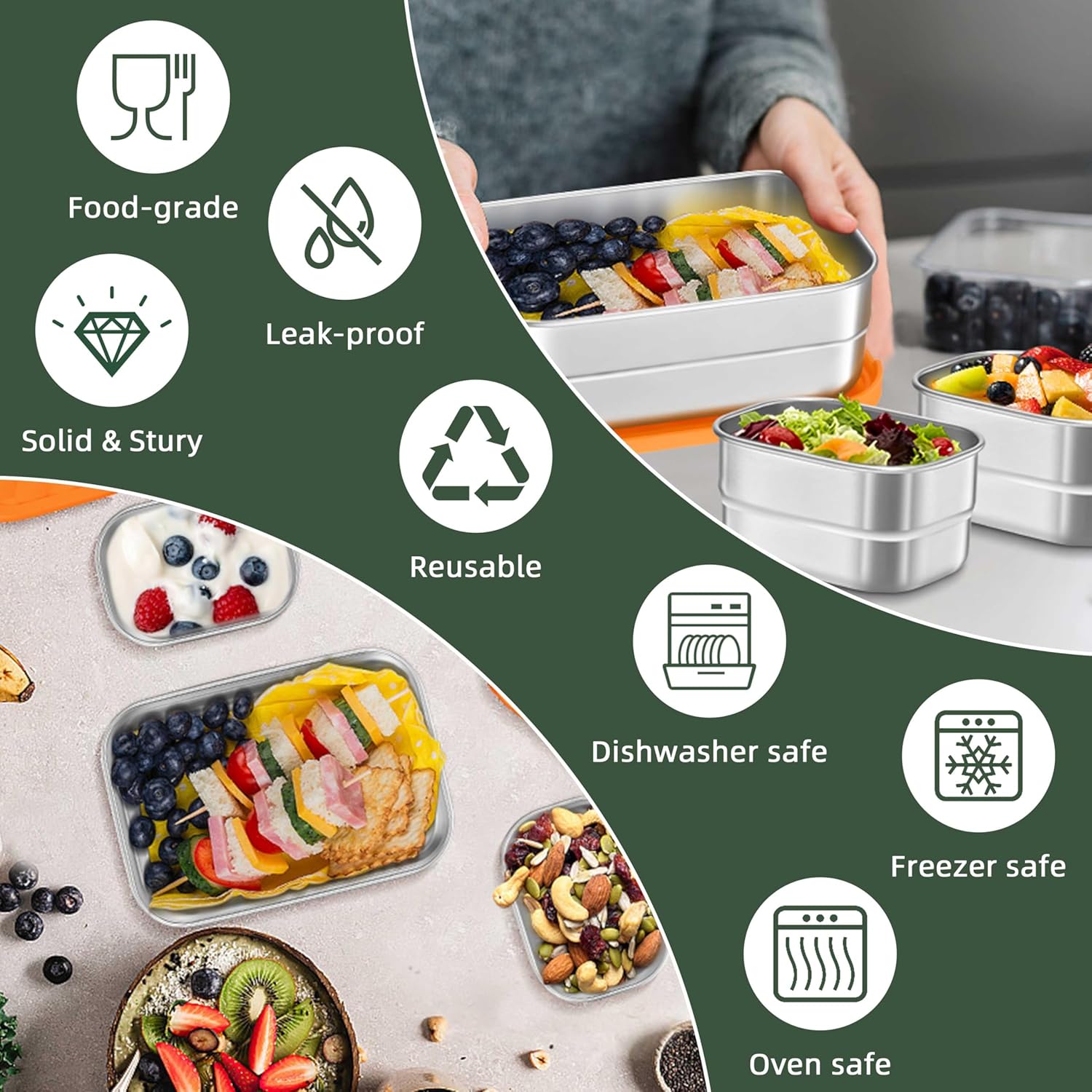 HaWare 8oz*2+25oz Stainless Steel Lunch Containers, Leak Proof Food Storage Snack Containers with Silicone Lids, Portable Sandwich Containers, Easy Open Bento Lunch Box for School Daycare - Image 4