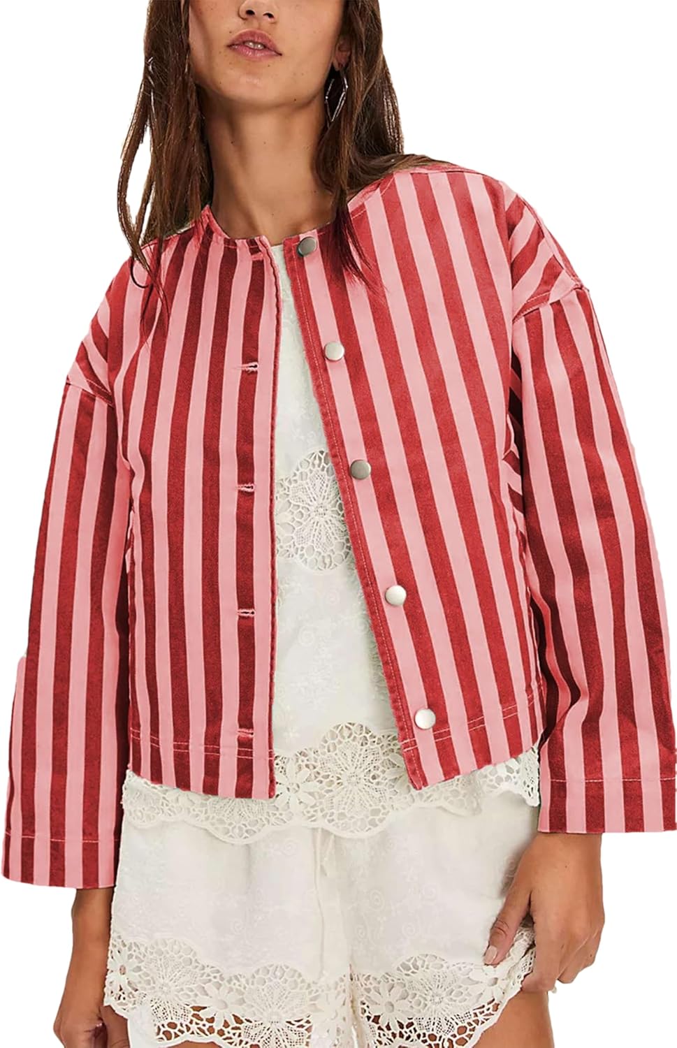 Women's Cropped Striped Jackets Crewneck Button Down Oversized Coats Outerwear with Pockets