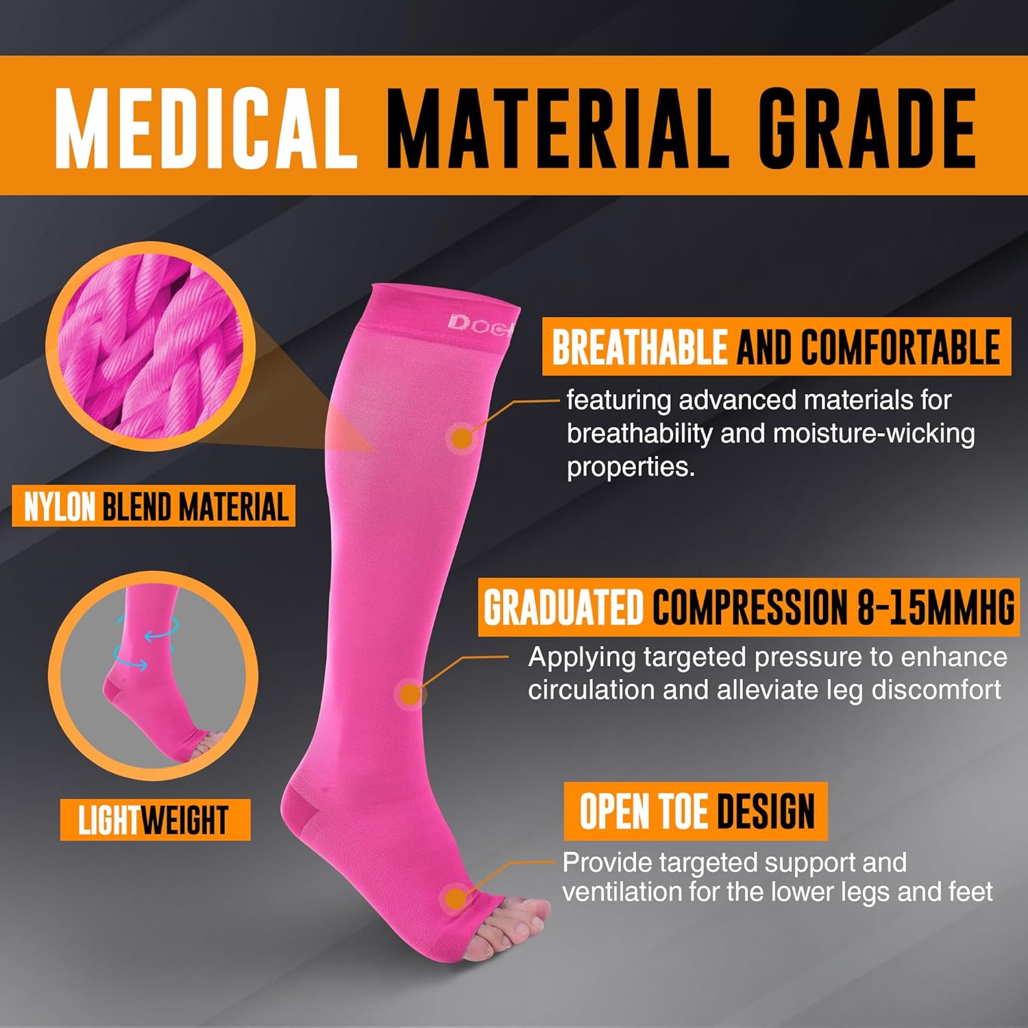 Doc Miller, Open Toe Compression Socks, 8-15 mmHg, Toeless, Support Circulation, Shin Splints, Calf Recovery, Varicose Veins, Knee High, Medical Grade, Pink Socks, Small Size for Men & Women, Pair - Image 4