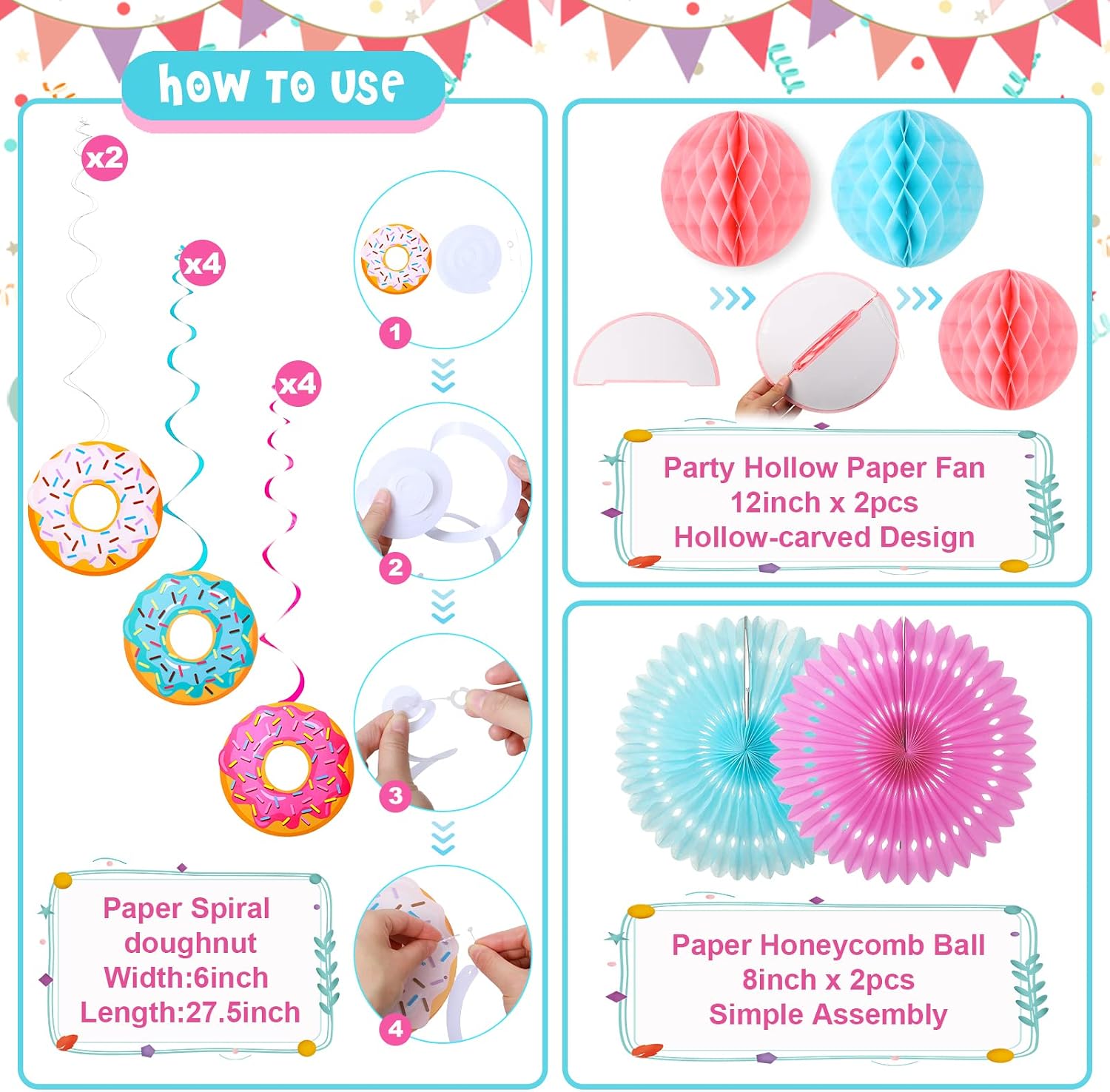 Hortsun 19 Pcs Donut Birthday Party Decorations Lanterns Hanging Donut Theme Decor Paper Lanterns Honeycomb Decorations Sweet Birthday Party Supplies Donuts Decor Candy Ice Cream(Sweet Colors)