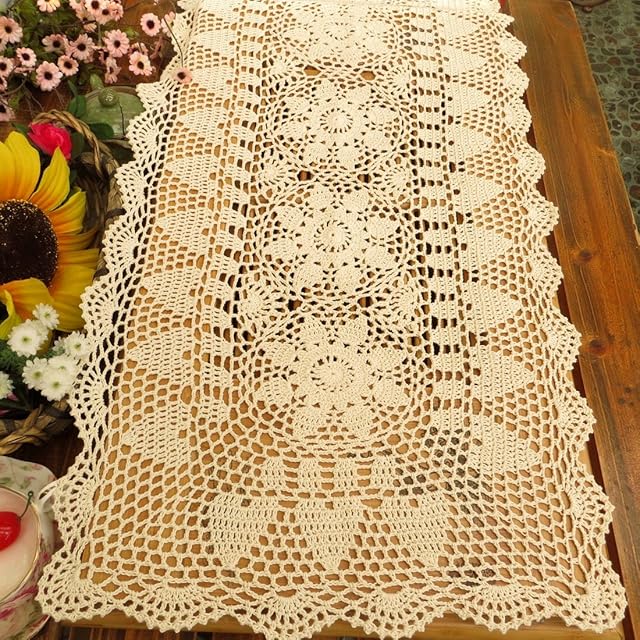 kilofly Handmade Crochet Lace Rectangular Table Runner 15 x 51 Inch, Beige