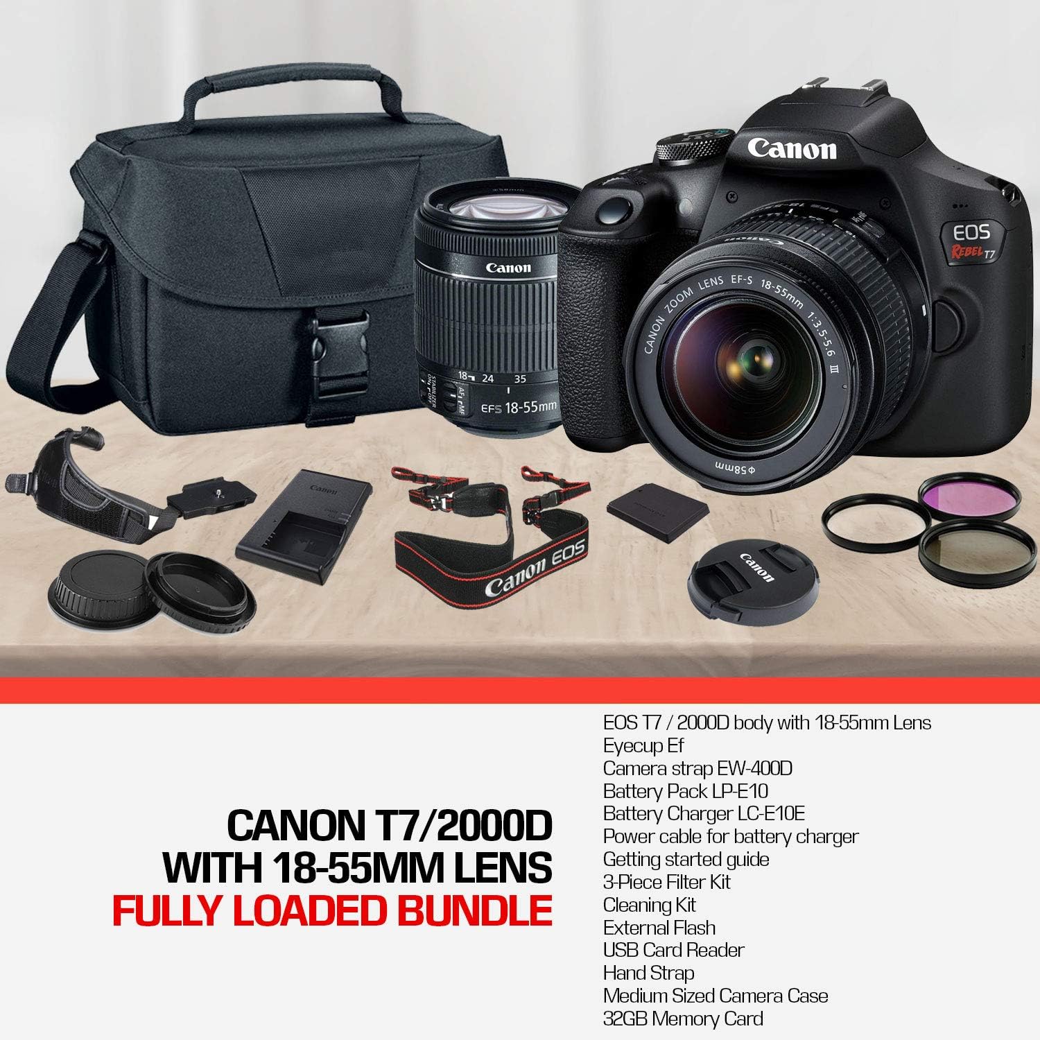 Canon Rebel T7 DSLR Camera (2000D) with EF-S 18-55 mm f/3.5-5.6 Lens + 32GB Memory Card + Camera Bag + Cleaning Kit + Table Tripod + Filters (Renewed)