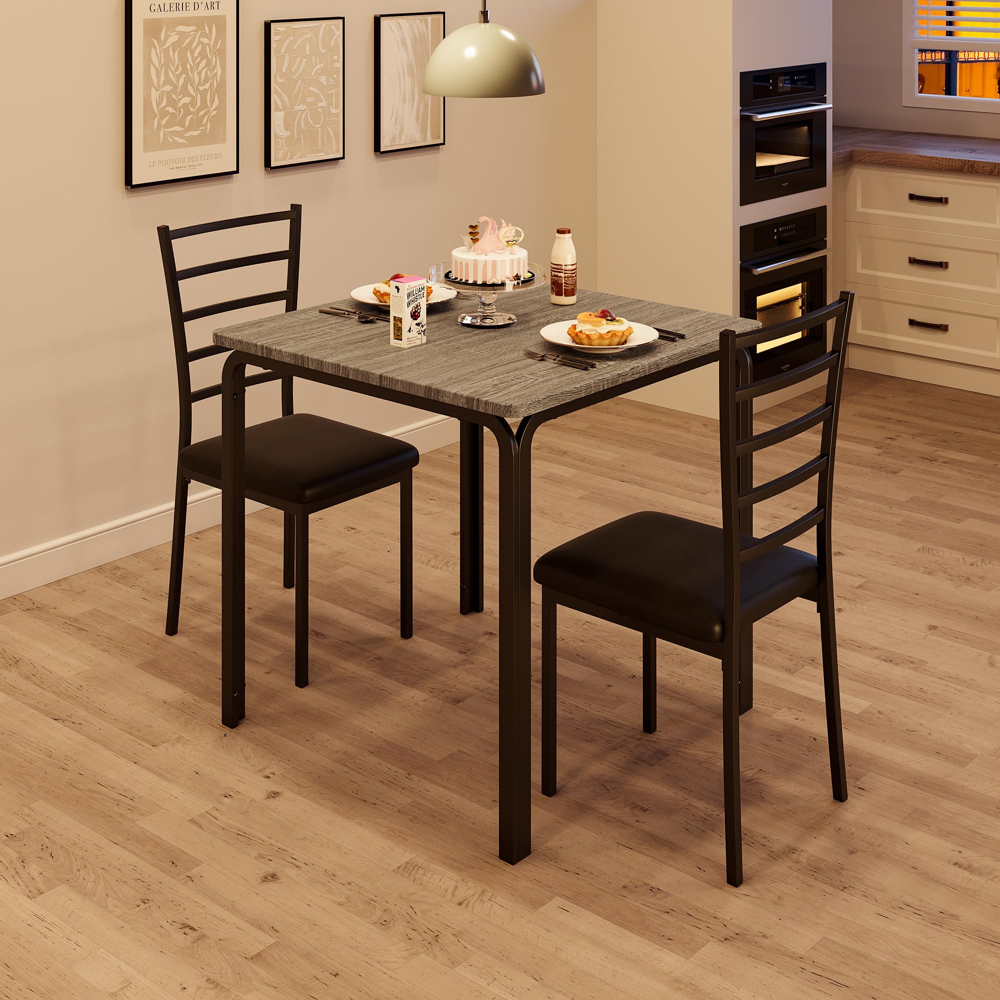 3-Teiliges Küchentisch-Set, Esstisch Mit 2 Stühlen Für Kleine Räume, Quadratischer Esstisch Aus Metall Und Holz Mit 2 Gepolsterten Stühlen Für 2, Grau