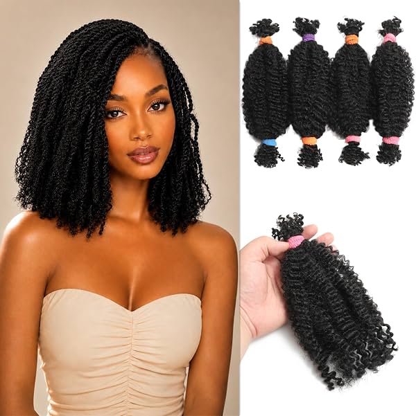 Cabello Humano Afro Kinky Bulk 12 Pulgadas 4 Bundles 60g Cabello Afro Kinky Rizado para Trenzas Bulk para Extensiones Spring Twist Reparación de Dreadlocks Locs Rizado para Trenzas (1B, 12 Pulgadas)