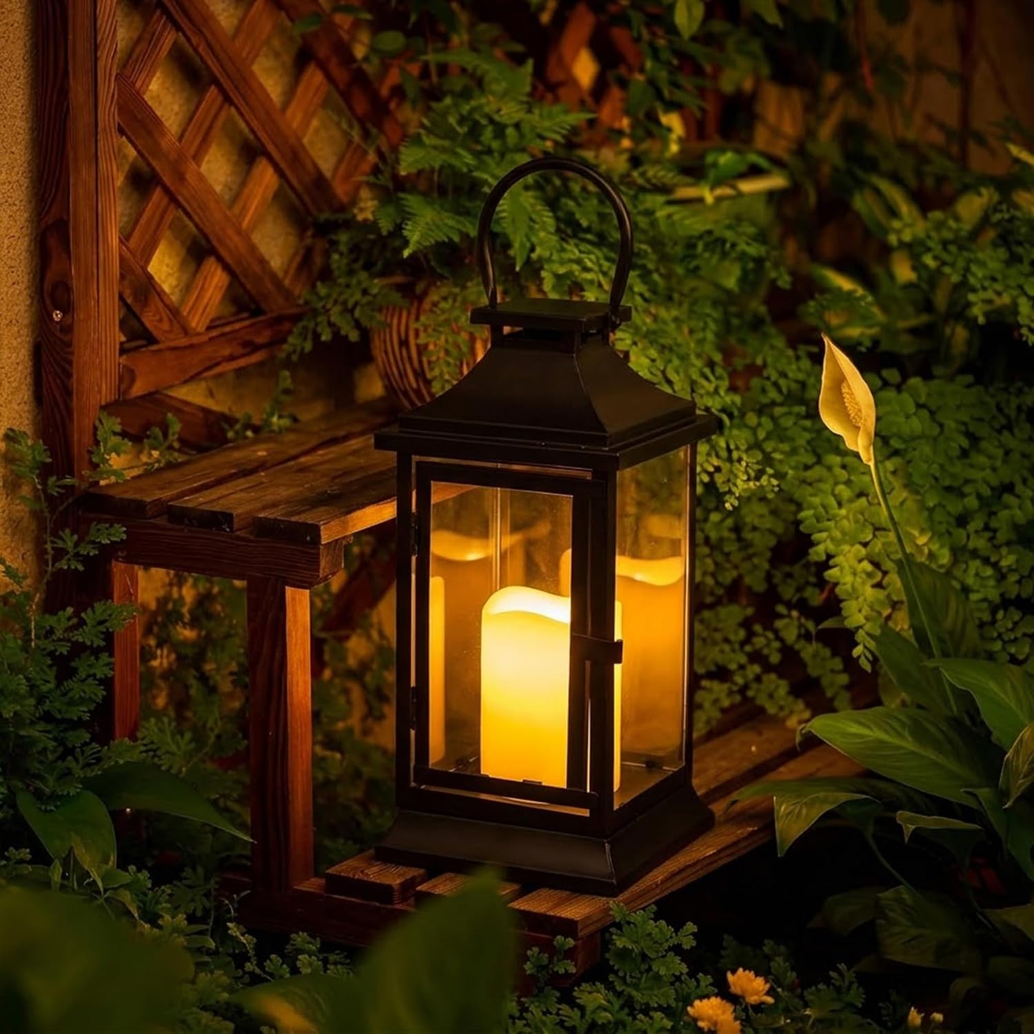 TRIROCKS Metal Candle Lantern 15'' High Decorative Outdoor Lantern Hanging Lantern with Timer LED Candle for Home Decor Living Room Parties Events Tabletop Indoors Outdoors (Black) image 2