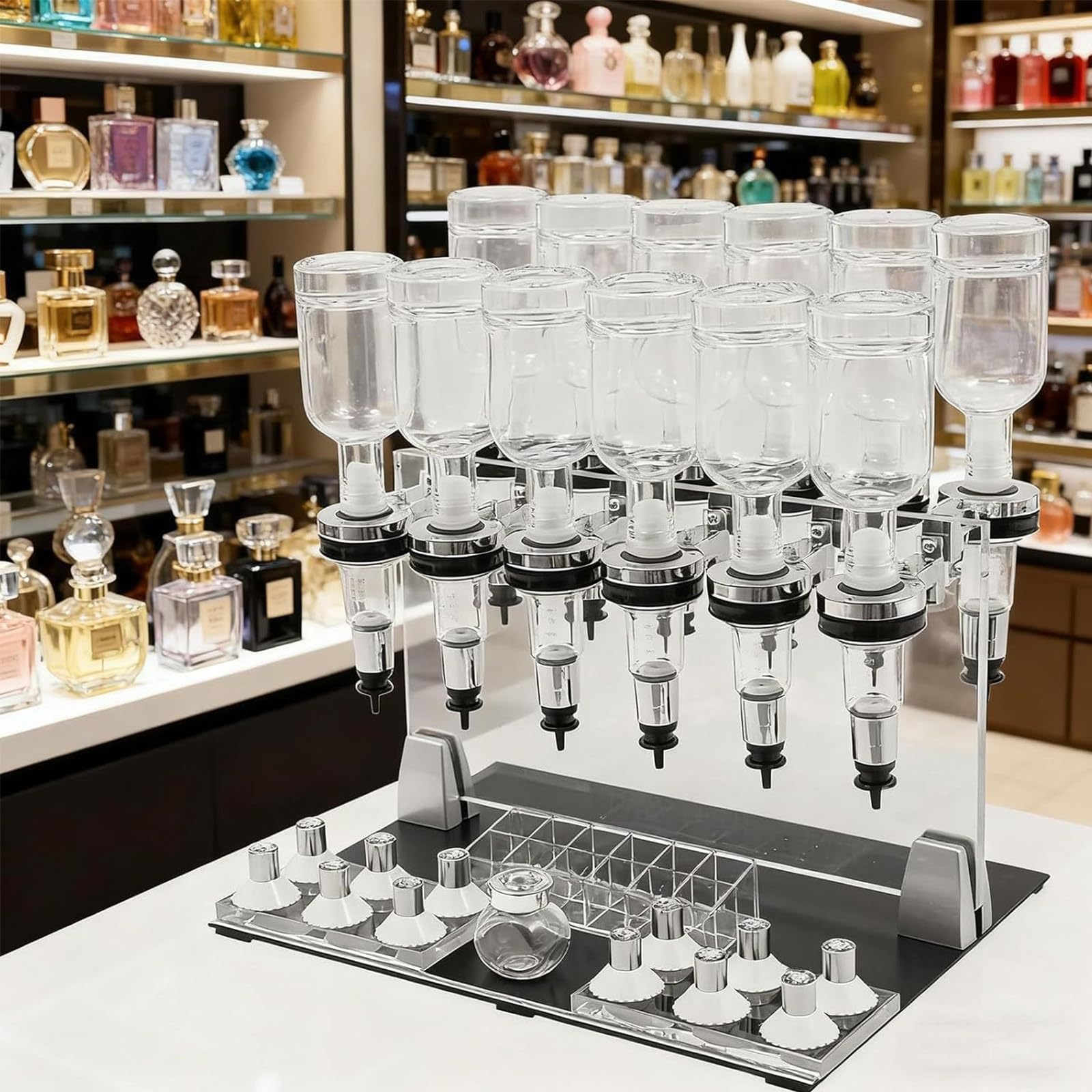 Ręczny dozownik perfum, stojak na próbki perfum, regulowany zestaw do dozowania perfum, łatwe dozowanie, precyzyjna kontrola, 12 głowic pompujących i każda butelka o pojemności 200 ml