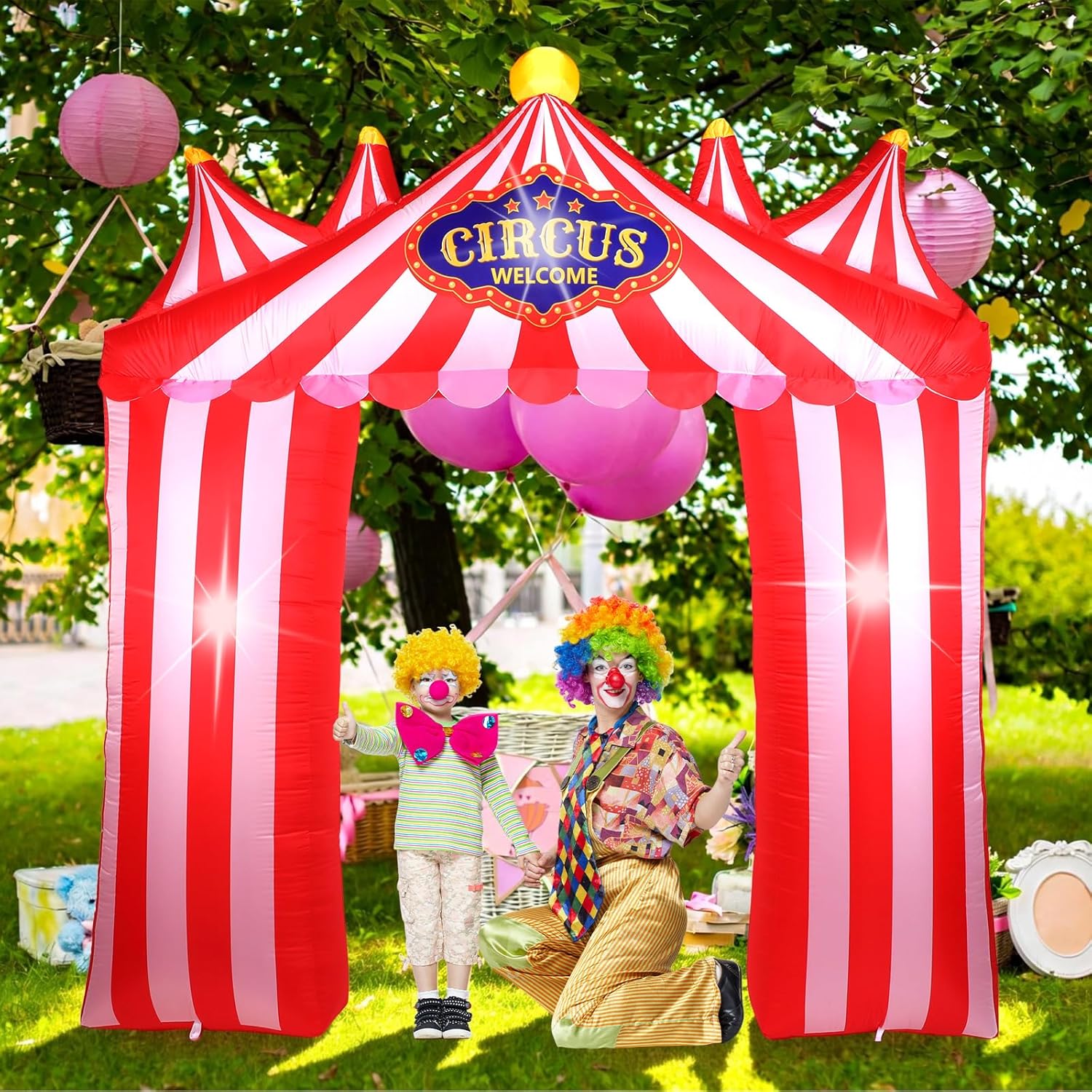 10ft Circus Inflatables Arch Carnival Circus Party Decoration Blow up Tent Decoration Built in LED Lights Red and White Striped Archway for Carnival Theme Birthday Party Outdoor Yard Garden Decor