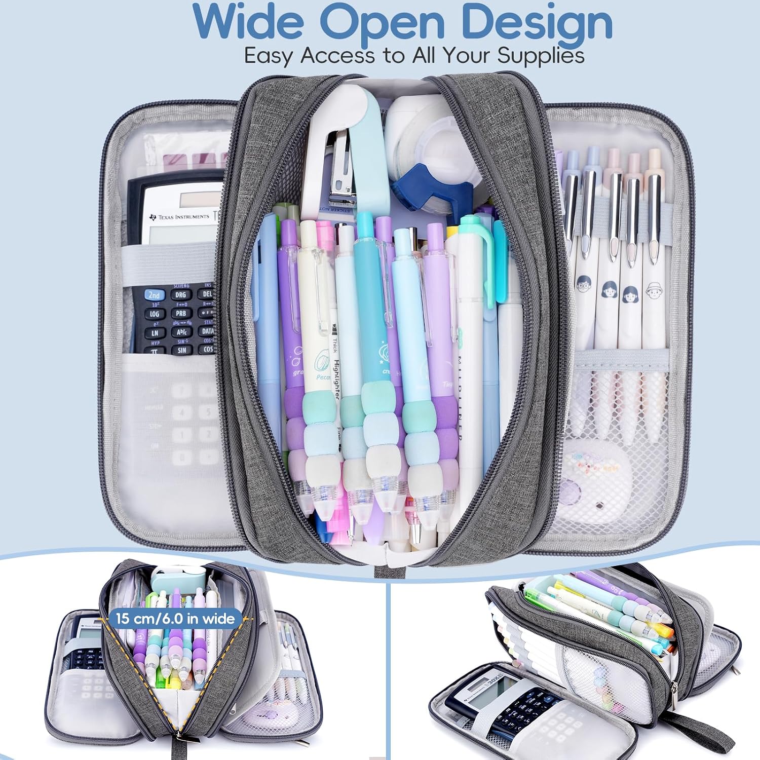 Pencil Case Large Capacity, 3 Compartment Gray Big Pen Pouch with Zipper image 3
