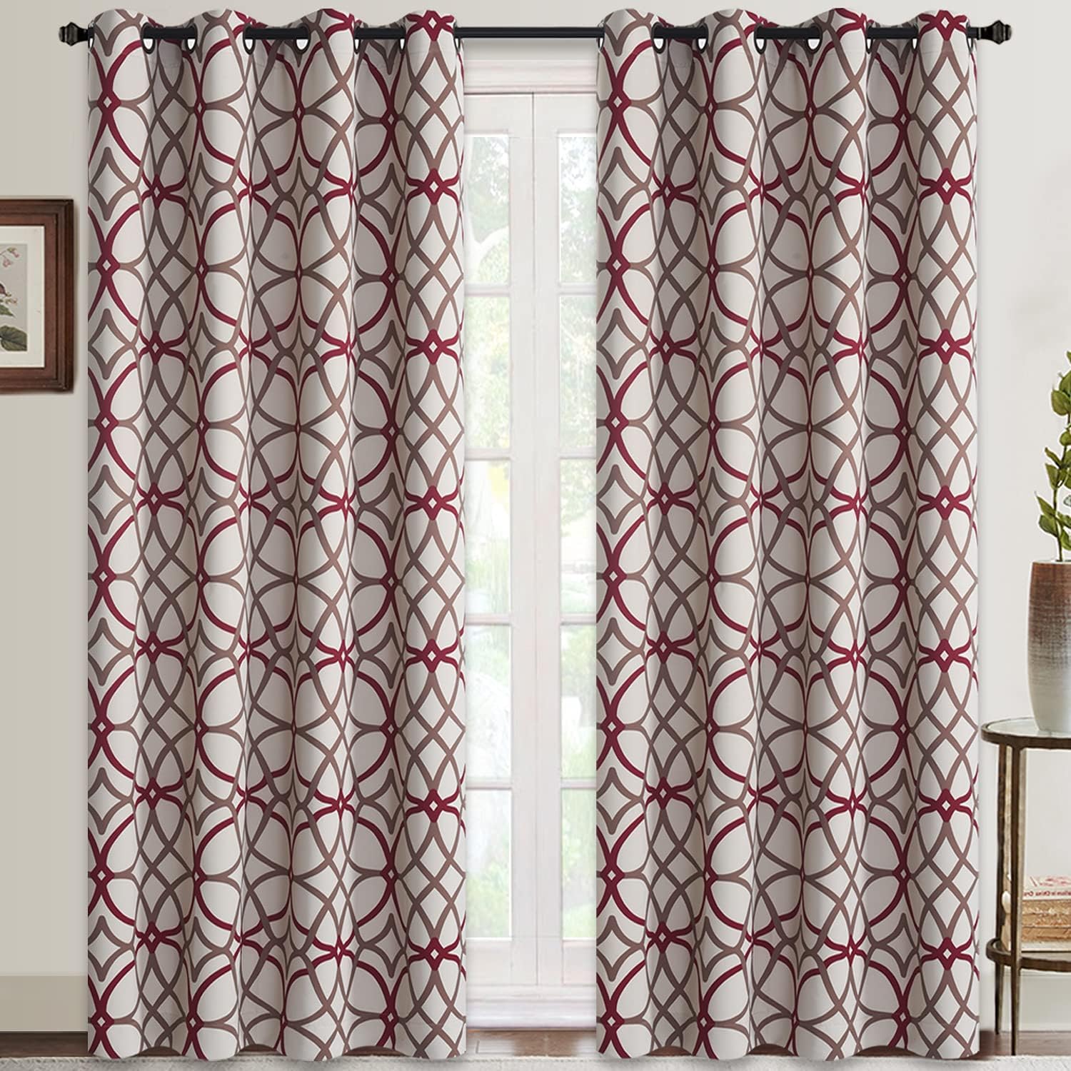 Curtains for Living Room, Geometric Pattern Room Darkening Blackout Curtains for Bedroom Thermal Insulated Drapes (Burgundy and Brown-52 by 63 Inch, 2 Panels)