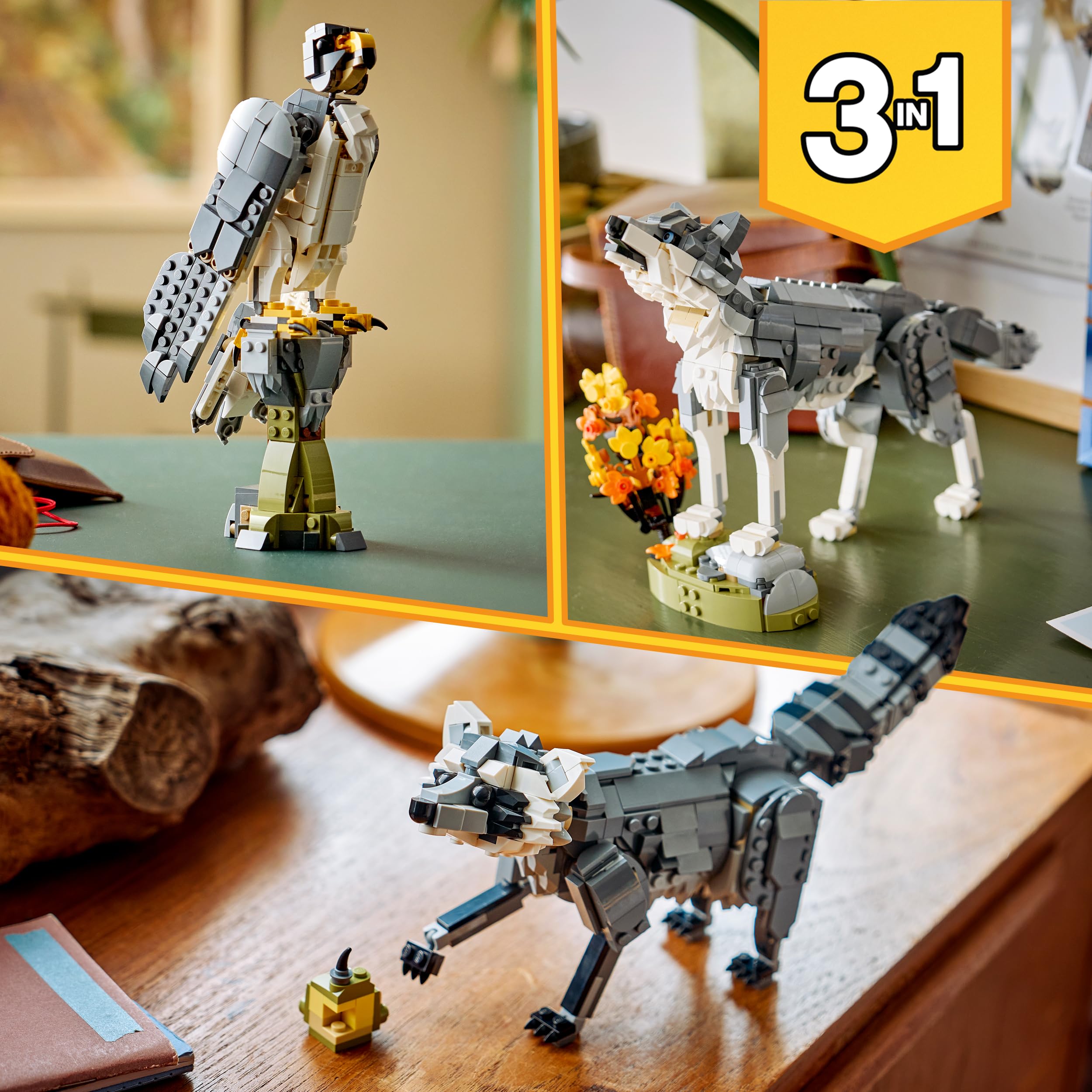 LEGO Creator 3 in 1 Animali della Foresta: Lupo Grigio - Animale Giocattolo Trasformabile in Falco o Procione - Decorazione Cameretta - Regalo di Compleanno per Bambine e Bambini da 8 Anni - 31393