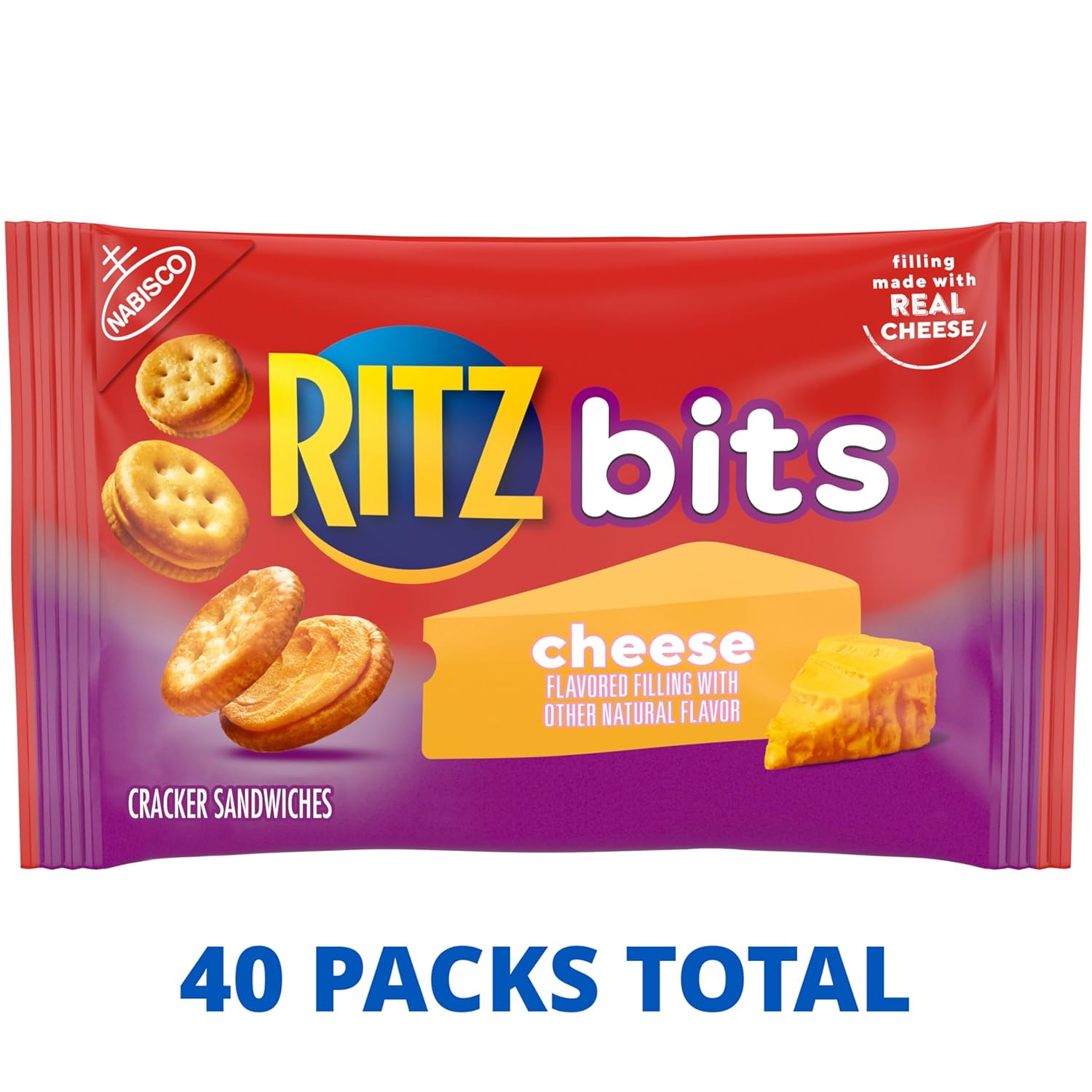 RITZ Bits Cheese Sandwich Crackers, Bulk Lunch Snacks, 40 Snack Packs (4 Boxes), (Pack of 2)