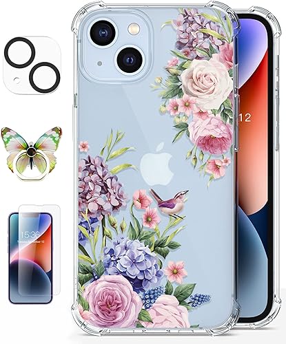 ROSEPARROT Funda diseñada para iPhone 14 con protector de pantalla de vidrio templado + protector de lente de cámara, transparente con diseño de
