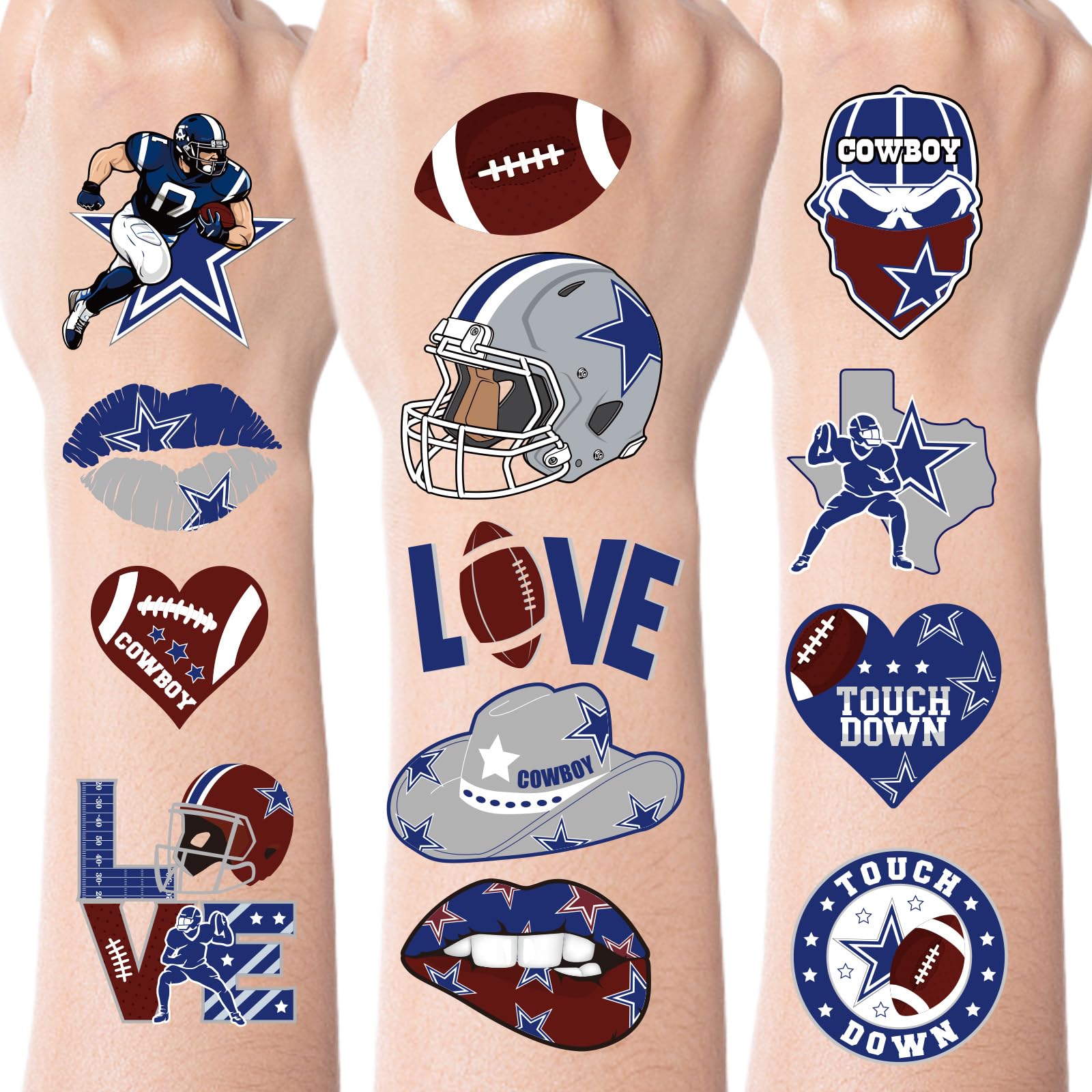 Cowboy of Dallas Football Temporary Tattoos - 240 Pcs American Cowboy Rugby Tattoo Stickers, Blue Football Birthday Party Decorations for Sports Game Party Favors Supplies