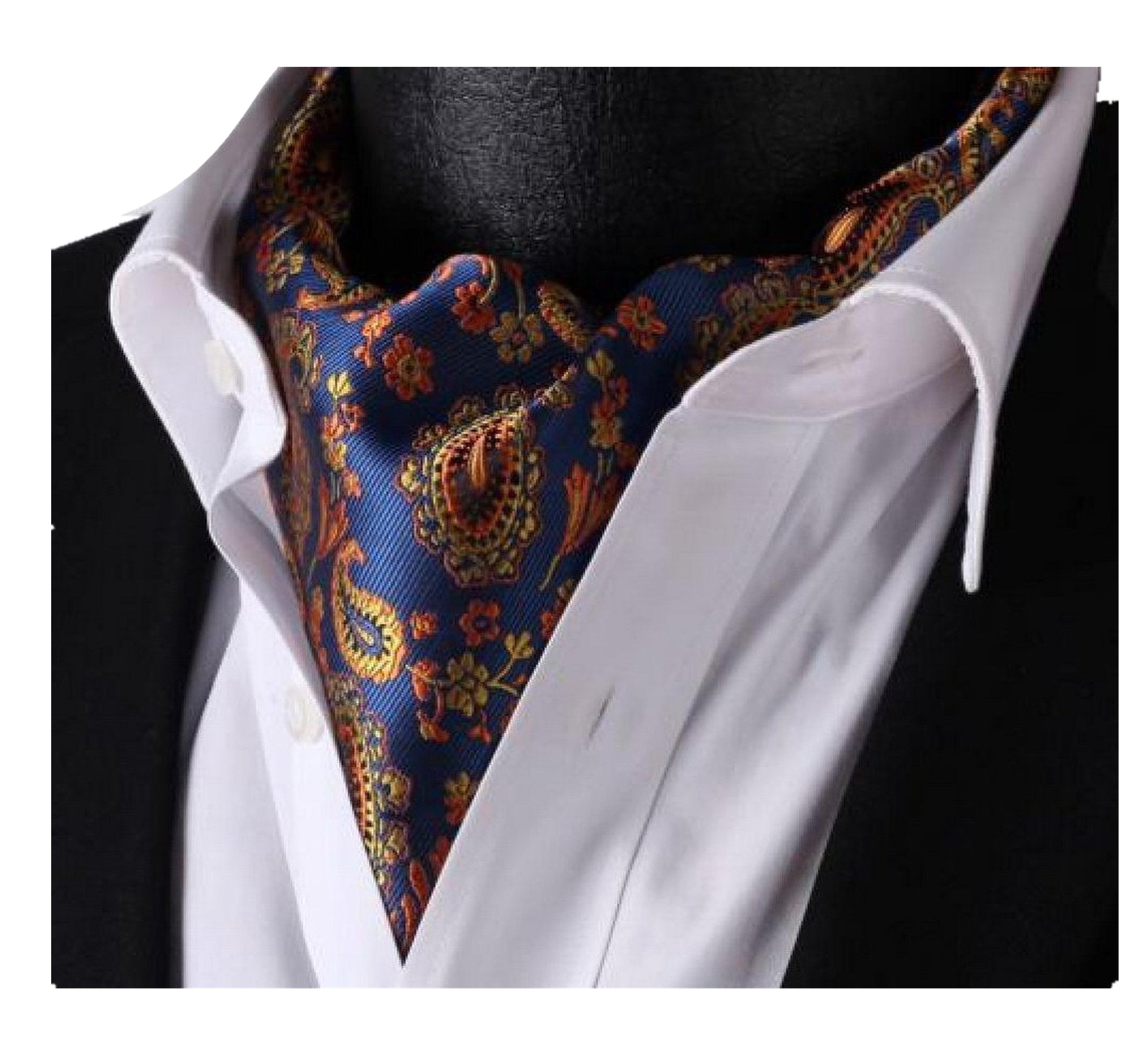 Lingswallow Blue Orange Floral Men 100% Silk Cravat Ties Jacquard Woven Ascot