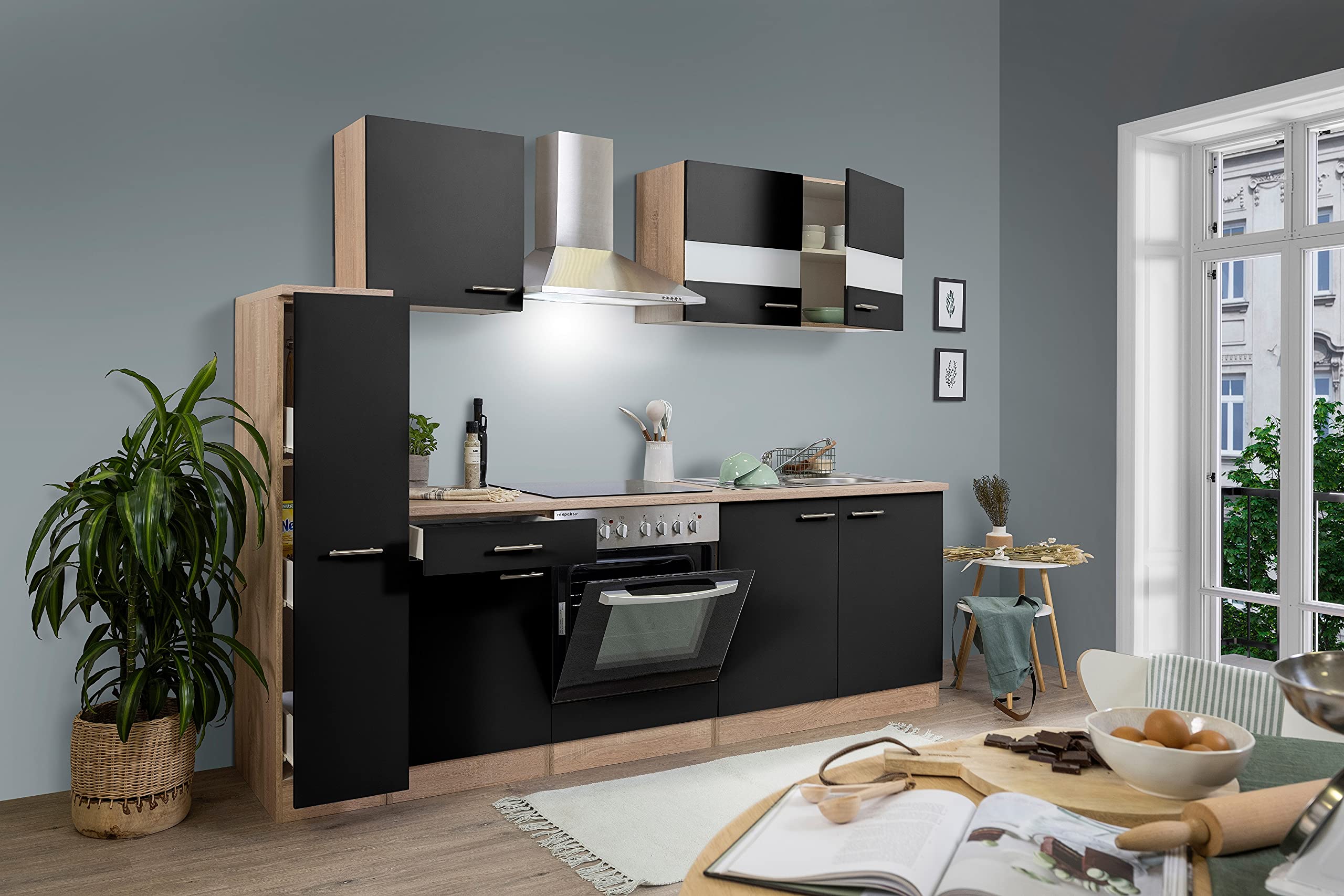 respekta Küchenzeile Merle KB240ESSC Schwarz 240 cm Breite mit Elektrogeräten