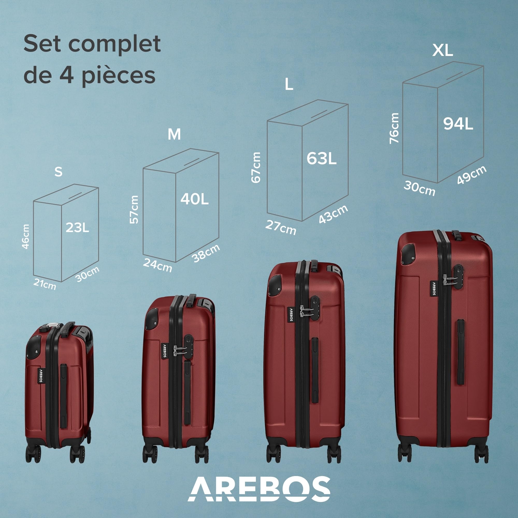 AREBOS Lot de 4 valises de Voyage I Coque Rigide en ABS I Set de valises à roulettes I Poignée télescopique I avec Fermeture éclair Roues à 360° I S-M-L-XL | Rouge
