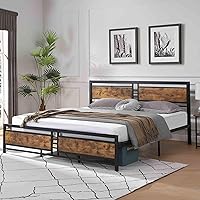 Vista 1 de Base de cama matrimonial con cabecera y estribo industriales, base de cama de plataforma resistente con almacenamiento debajo de la cama, base