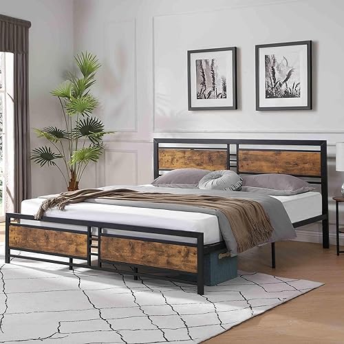 Base de cama Queen con cabecera y estribo industriales, base de cama de plataforma resistente con almacenamiento debajo de la cama, base de colchón,