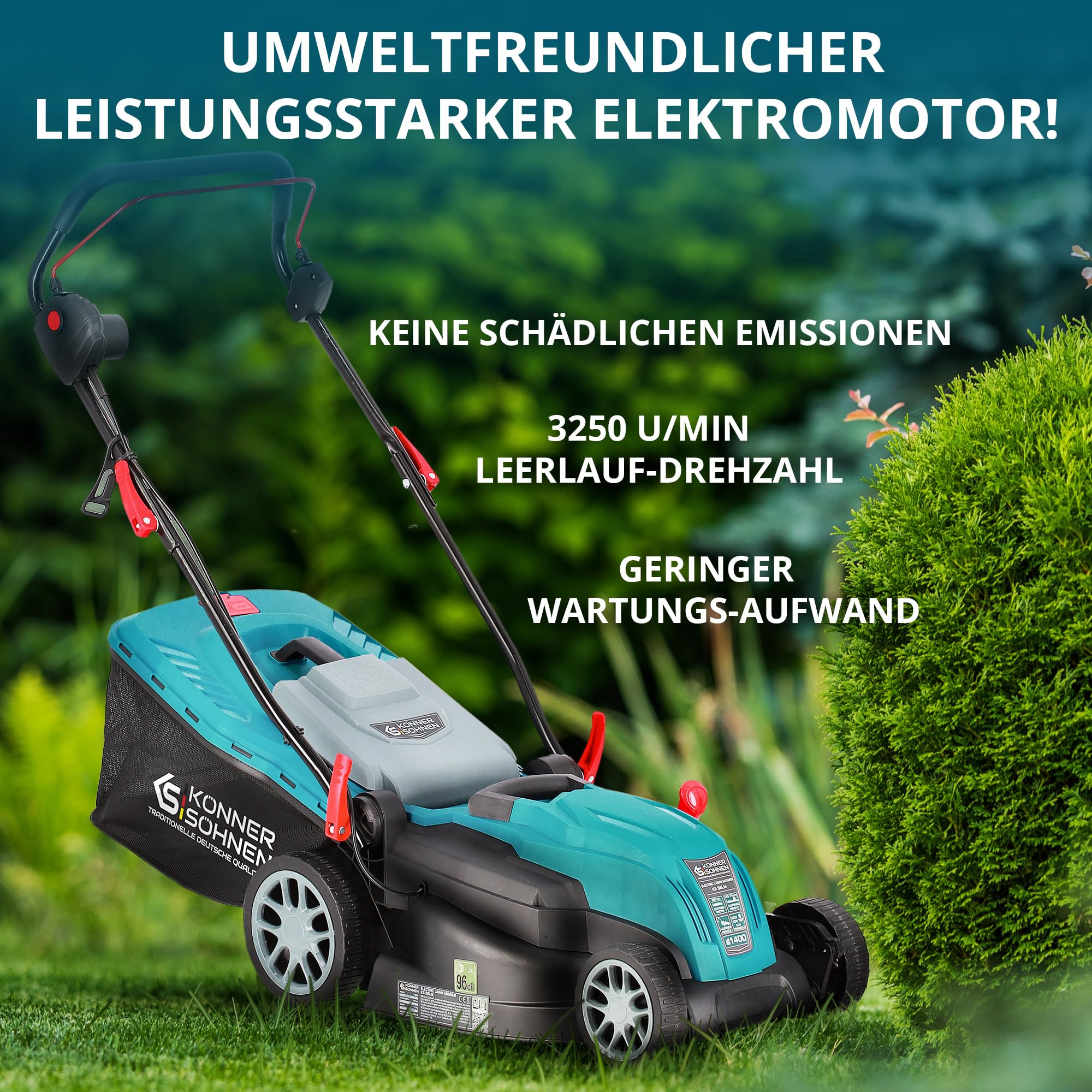 K&S Könner&Söhnen KS 38LM kosiarka elektryczna 1400 W, prędkość obrotowa biegu jałowego 3250 obr./min, szerokość cięcia 380 mm, wysokość cięcia 25-75 mm, 5 pozycji, pojemnik na trawę 40 l + KS GT-250