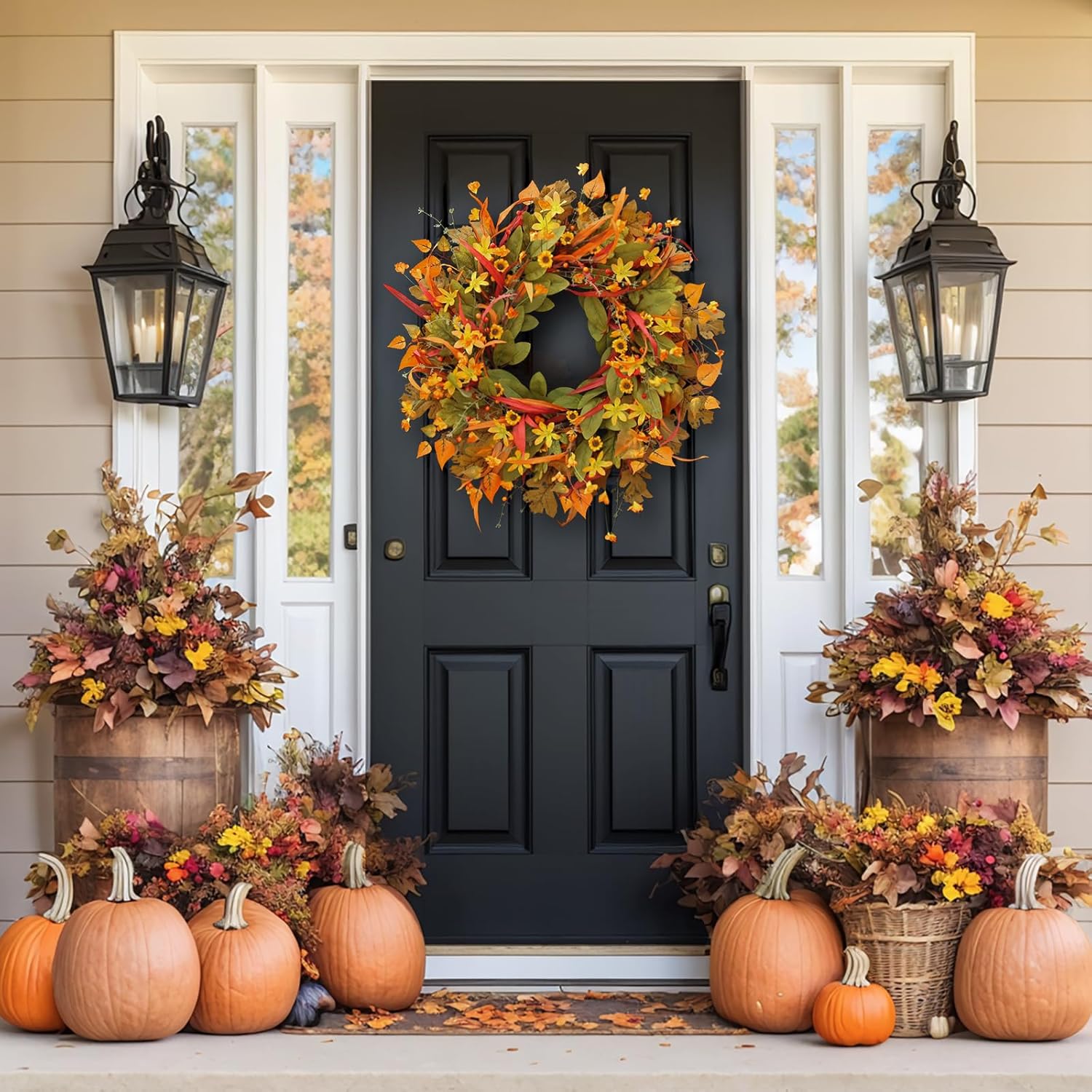 Fall Wreath for Front Door, 24 Inch Autumn Wreath with Berries,Lemon Leaves, Oak Leaves, and Maple Leaves Fall Decorations for Home, Artificial Flowers Harvest and Thanksgiving Indoor & Outdoor