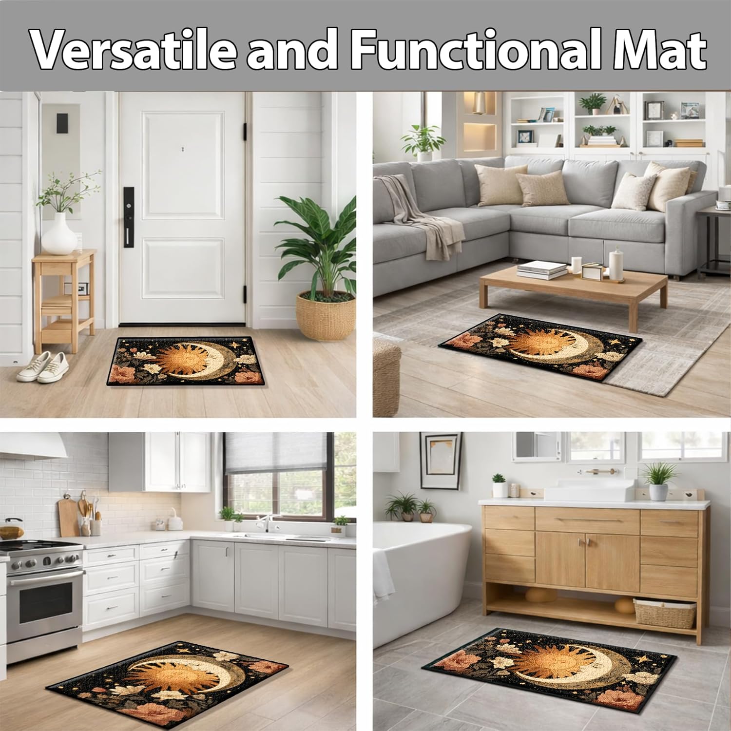 NYZE Sun Moon Floral Throw Rug Indoor Door Mat Soft Non-Slip Floor Bath Mat Low Pile Throw Washable Area Rug for Bathroom, Bedroom, Kitchen(35.4'' x 23.6'')