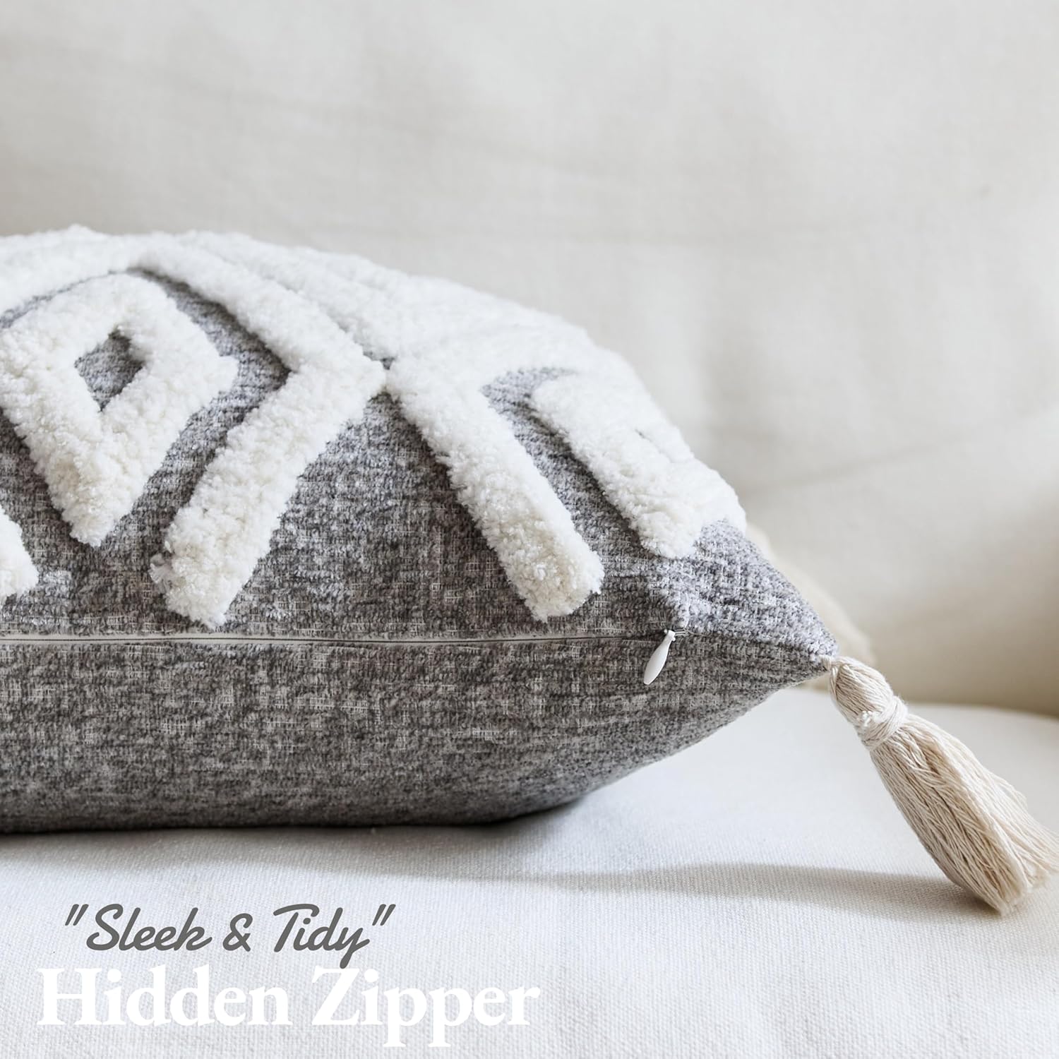 Boho Chic Woven Throw Pillow Covers 1PC, 18x18 Inch Tufted Decorative Pillowcases with Tassels for Elevating Couch, Sofa & Living Room Aesthetic (Grey, 18" x 18" (Pack of 1)) - Image 3